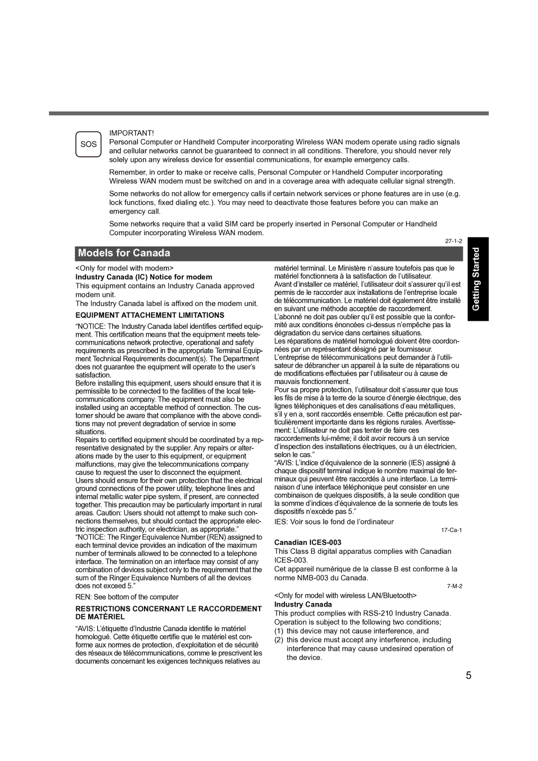 Panasonic CF-S9 Models for Canada, Equipment Attachement Limitations, Restrictions Concernant LE Raccordement DE Matériel 