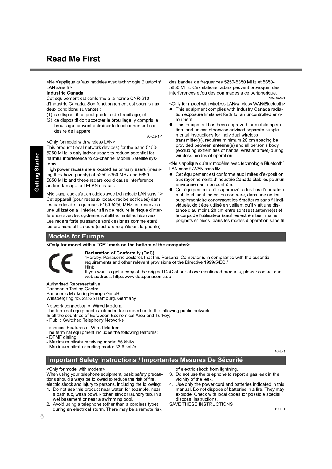 Panasonic CF-S9 manual Models for Europe, Information Getting Started, Appendix Troubleshooting Useful, Industrie Canada 