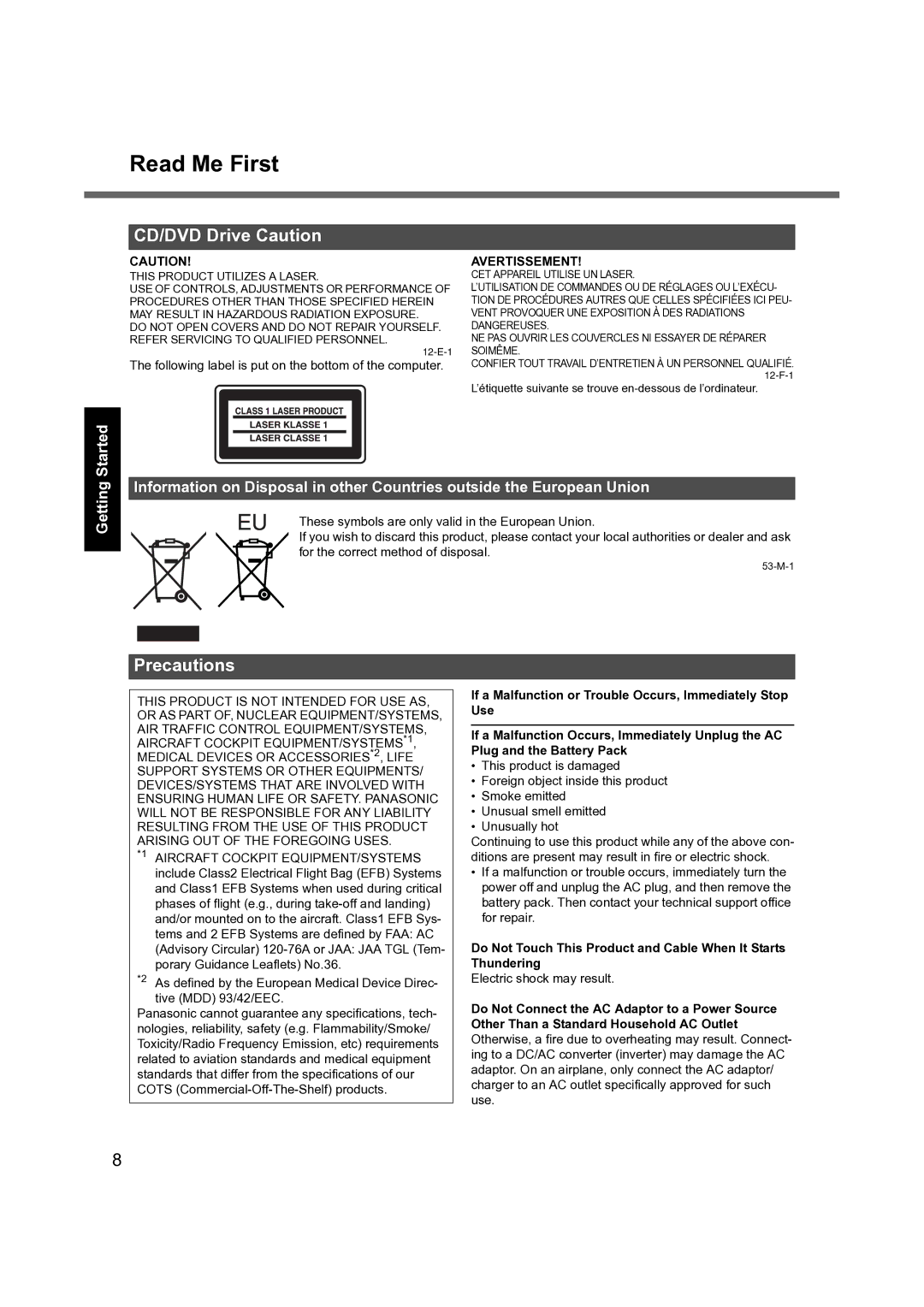 Panasonic CF-S9 manual CD/DVD Drive Caution, Precautions, Avertissement 