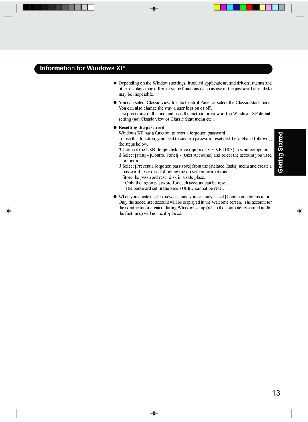 Panasonic CF-T1 appendix Information for Windows XP, Resetting the password 