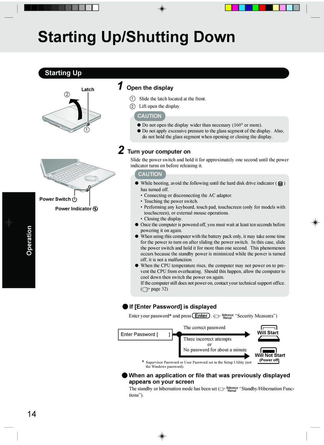 Panasonic CF-T1 appendix Starting Up/Shutting Down, If Enter Password is displayed, Power Switch Power Indicator 