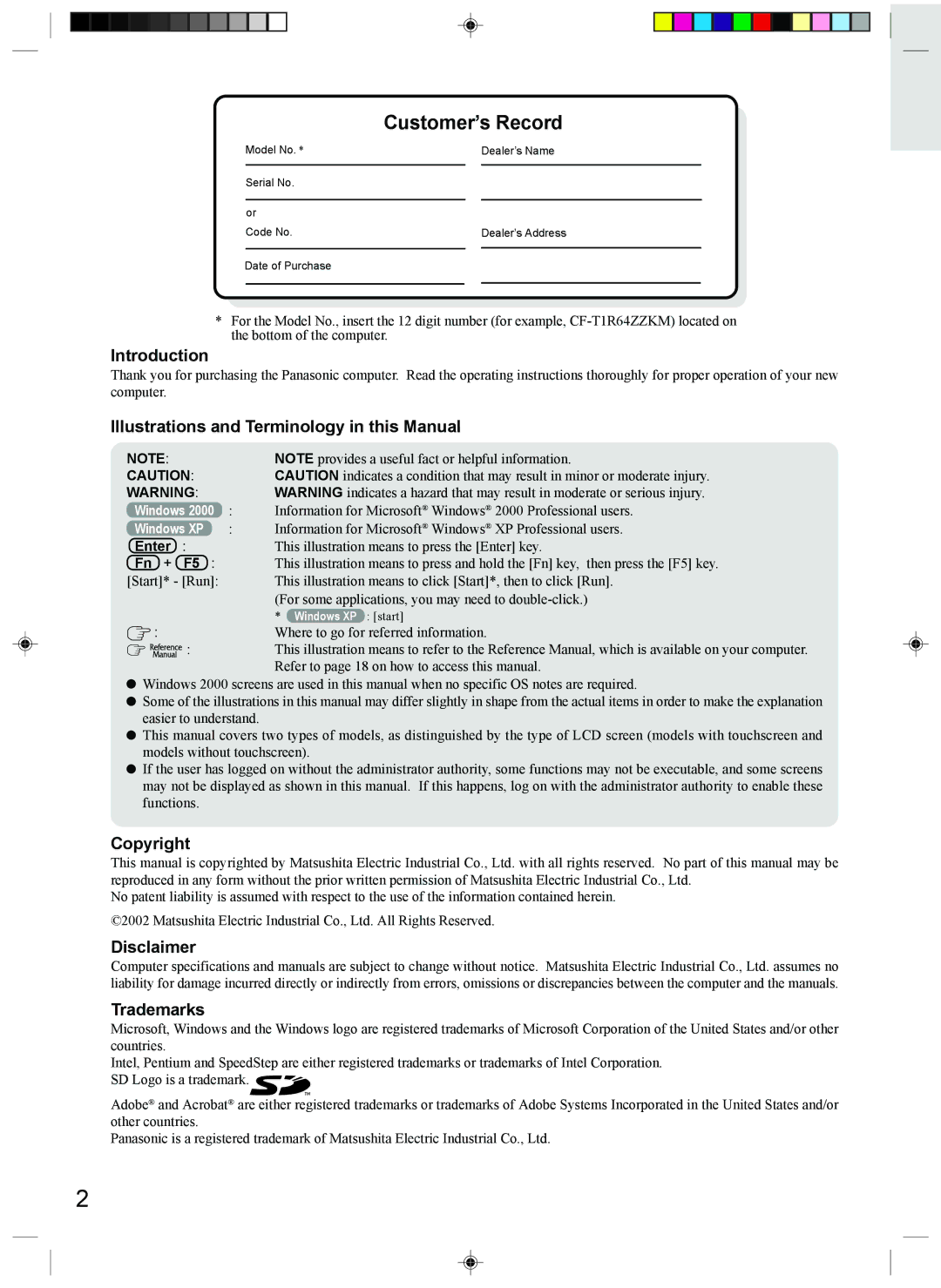 Panasonic CF-T1 Introduction, Illustrations and Terminology in this Manual, Copyright Disclaimer Trademarks, Enter, Fn + 