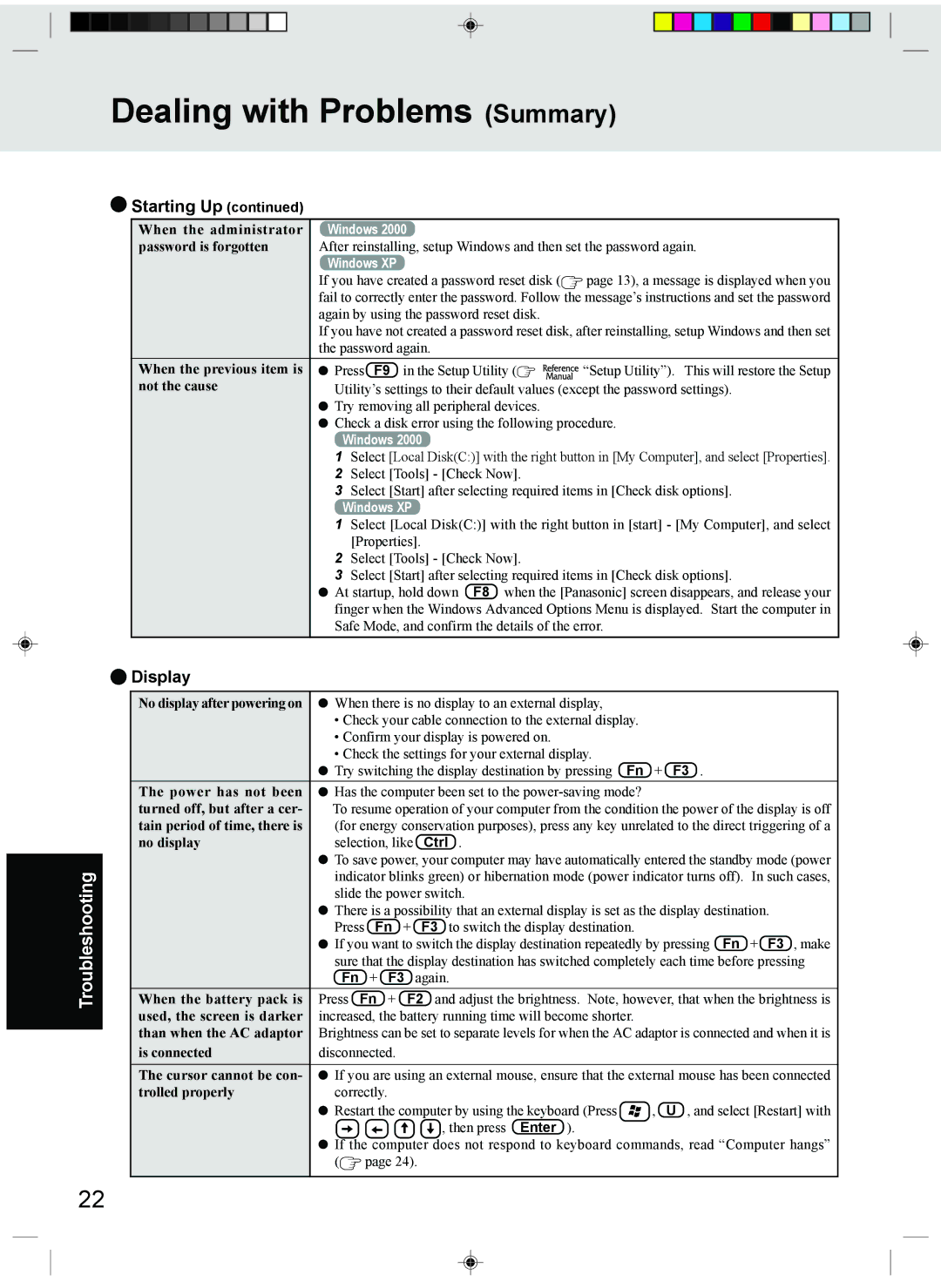 Panasonic CF-T1 appendix Dealing with Problems Summary, Display 