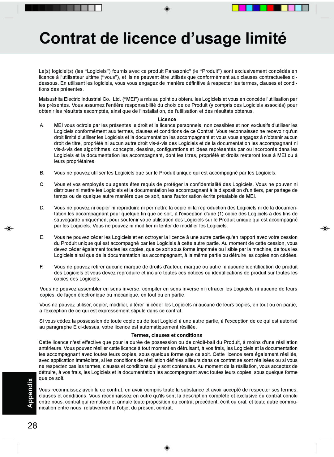 Panasonic CF-T1 appendix Contrat de licence d’usage limité, Licence, Termes, clauses et conditions 