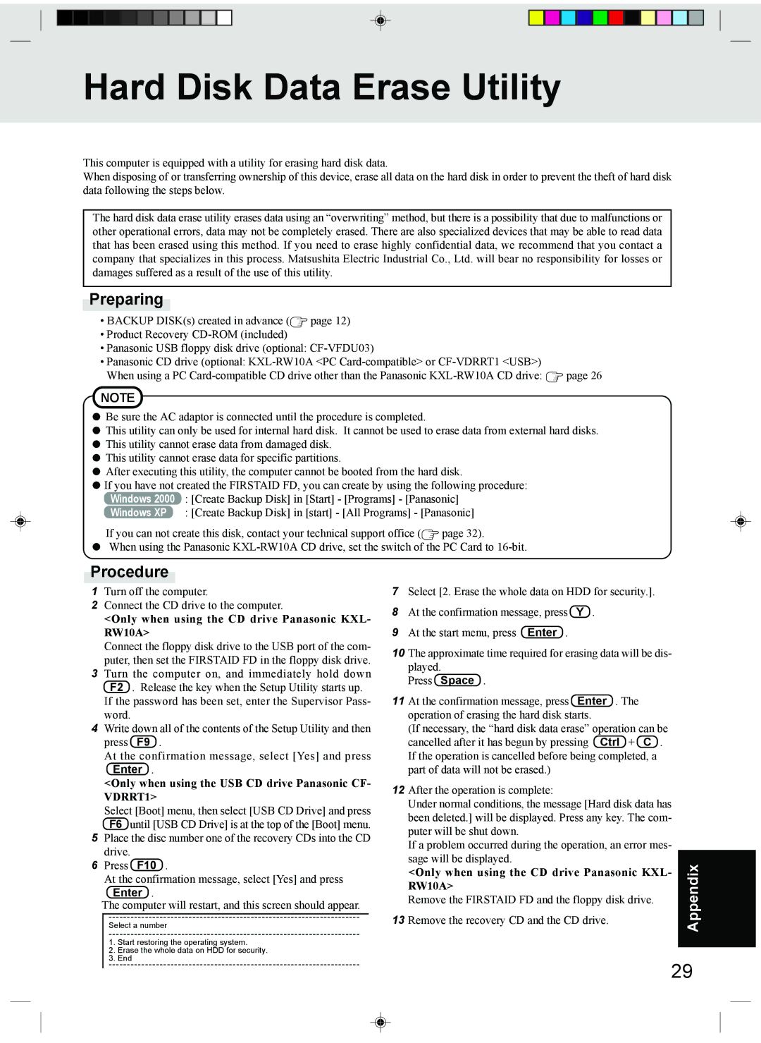 Panasonic CF-T1 appendix Hard Disk Data Erase Utility, Only when using the CD drive Panasonic KXL, RW10A 