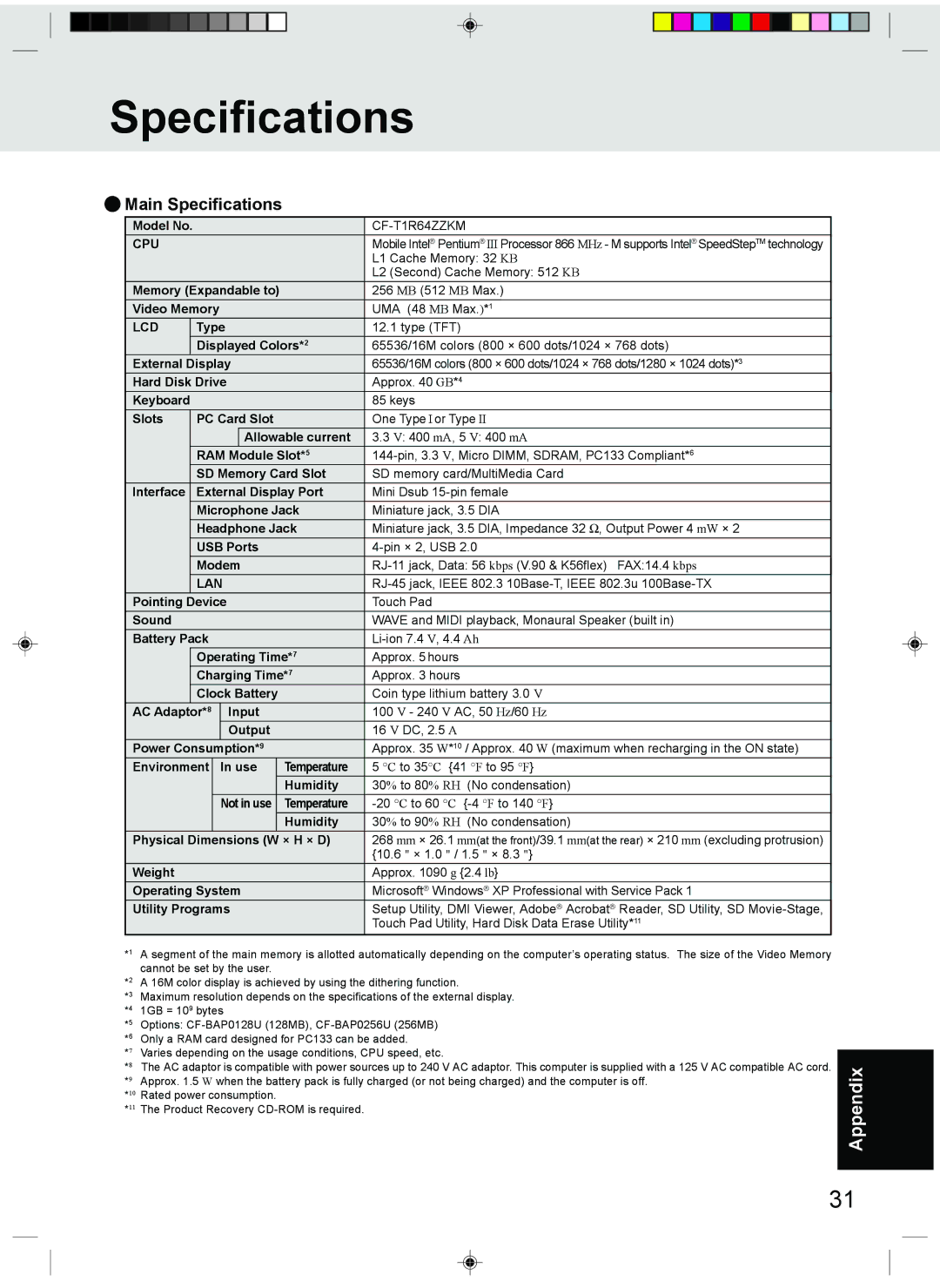 Panasonic CF-T1 appendix Main Specifications 