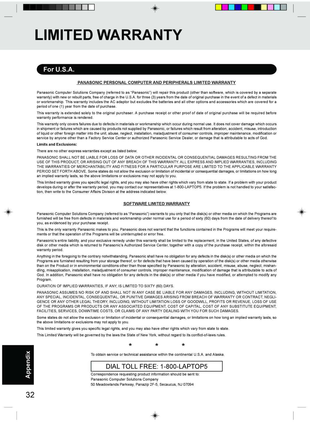 Panasonic CF-T1 appendix Limited Warranty 