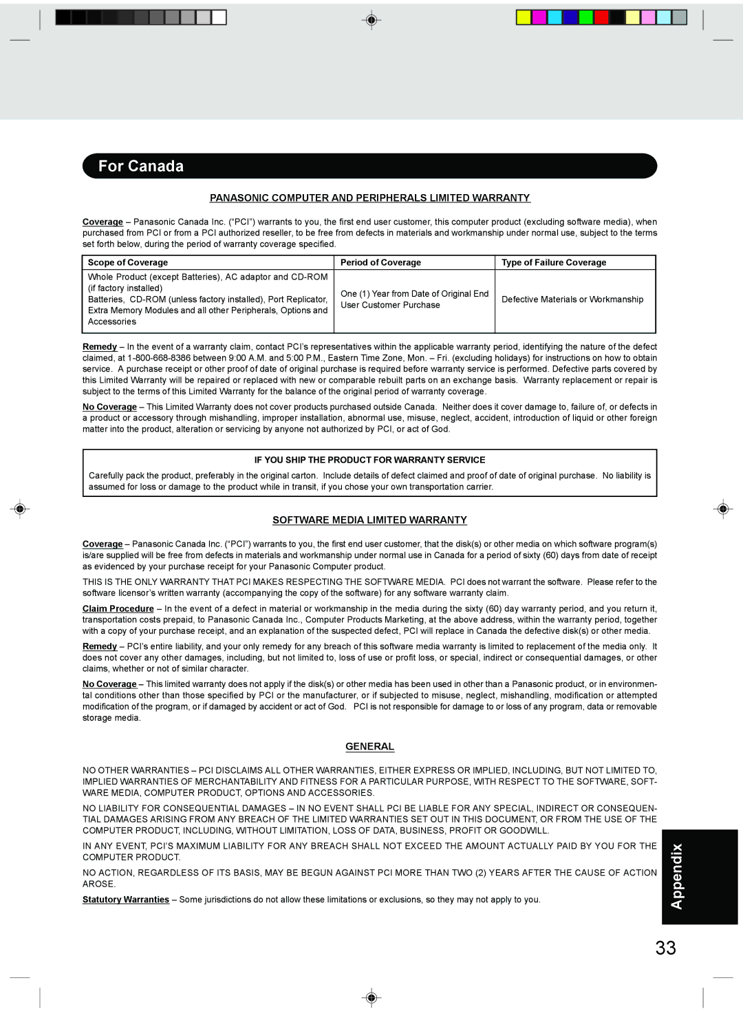 Panasonic CF-T1 appendix Panasonic Computer and Peripherals Limited Warranty 