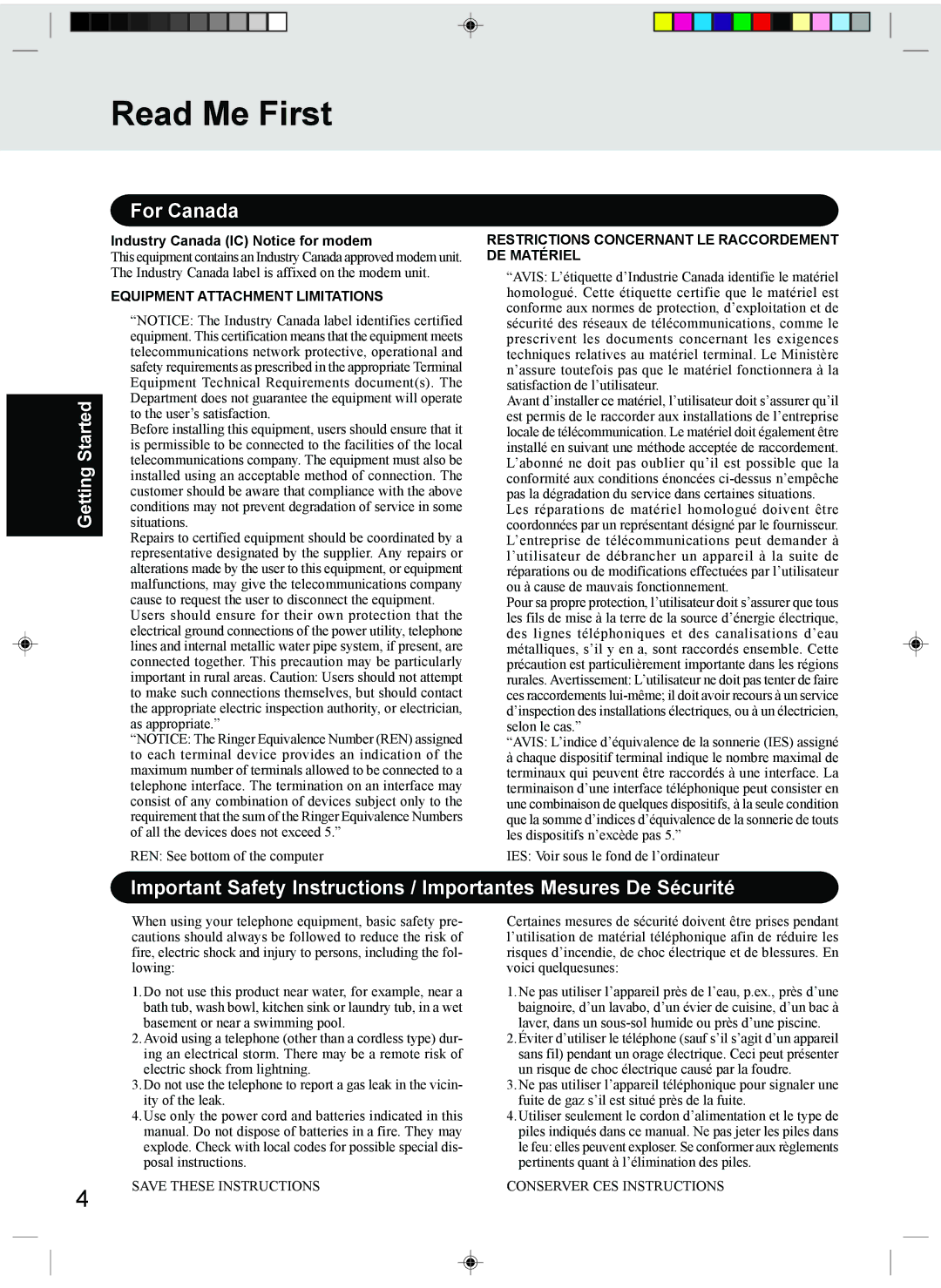 Panasonic CF-T1 appendix Read Me First, For Canada, Industry Canada IC Notice for modem 