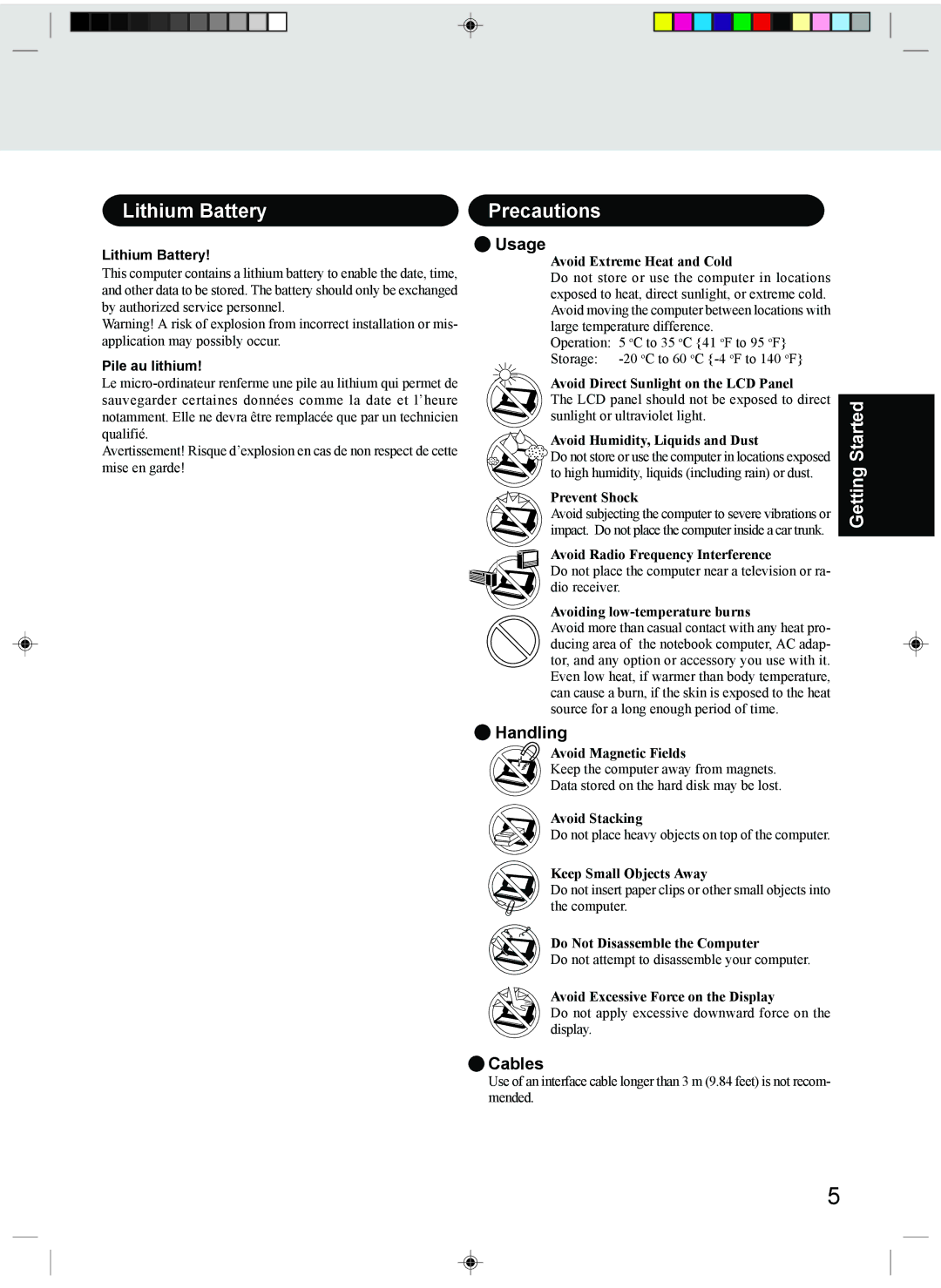 Panasonic CF-T1 appendix Lithium Battery, Precautions, Usage, Handling, Cables 