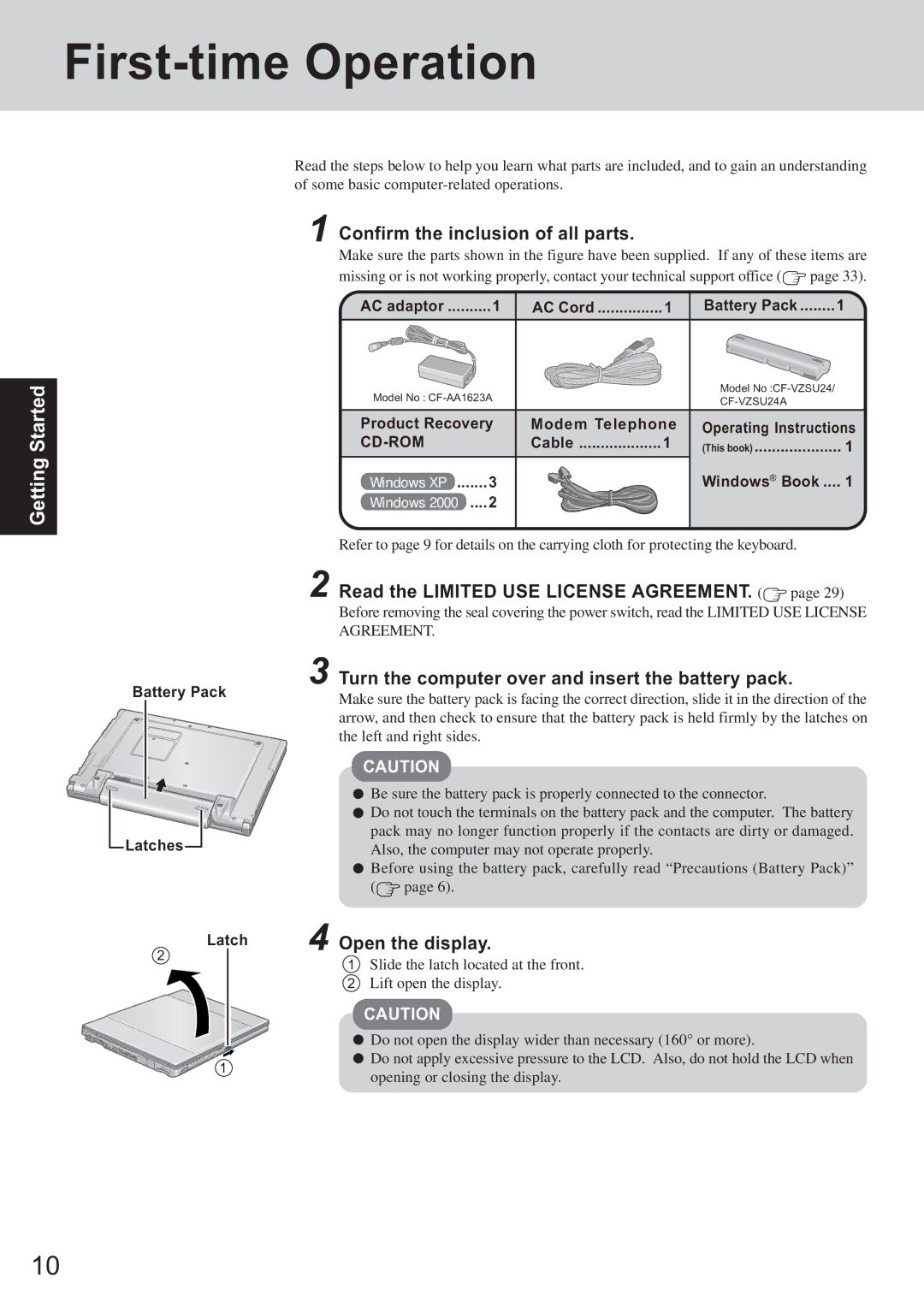 Panasonic CF-T2 appendix First-time Operation, Confirm the inclusion of all parts, Read the Limited USE License AGREEMENT 