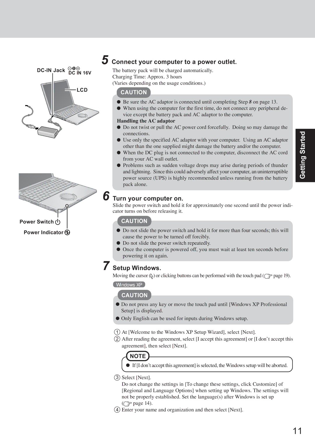 Panasonic CF-T2 Connect your computer to a power outlet, Turn your computer on, Setup Windows, Handling the AC adaptor 