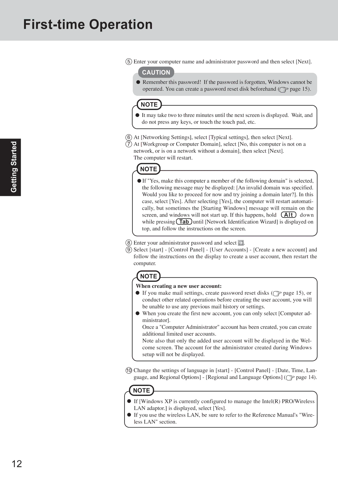 Panasonic CF-T2 appendix First-time Operation, When creating a new user account 