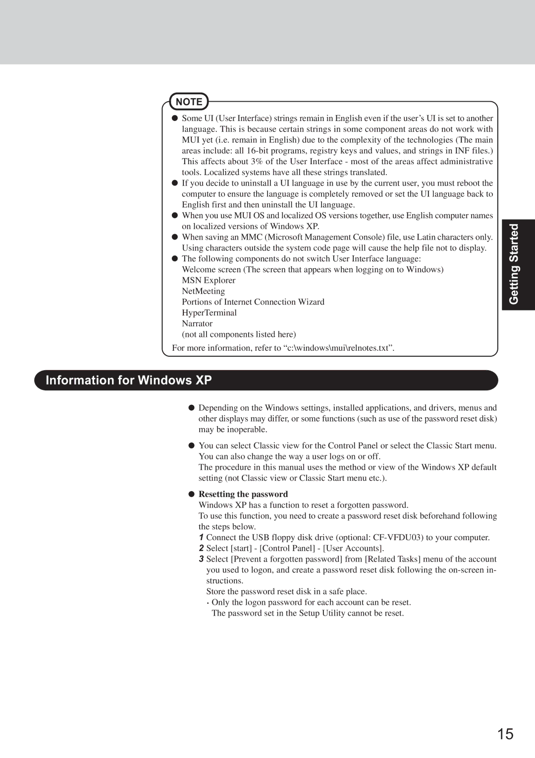 Panasonic CF-T2 appendix Information for Windows XP, Resetting the password 