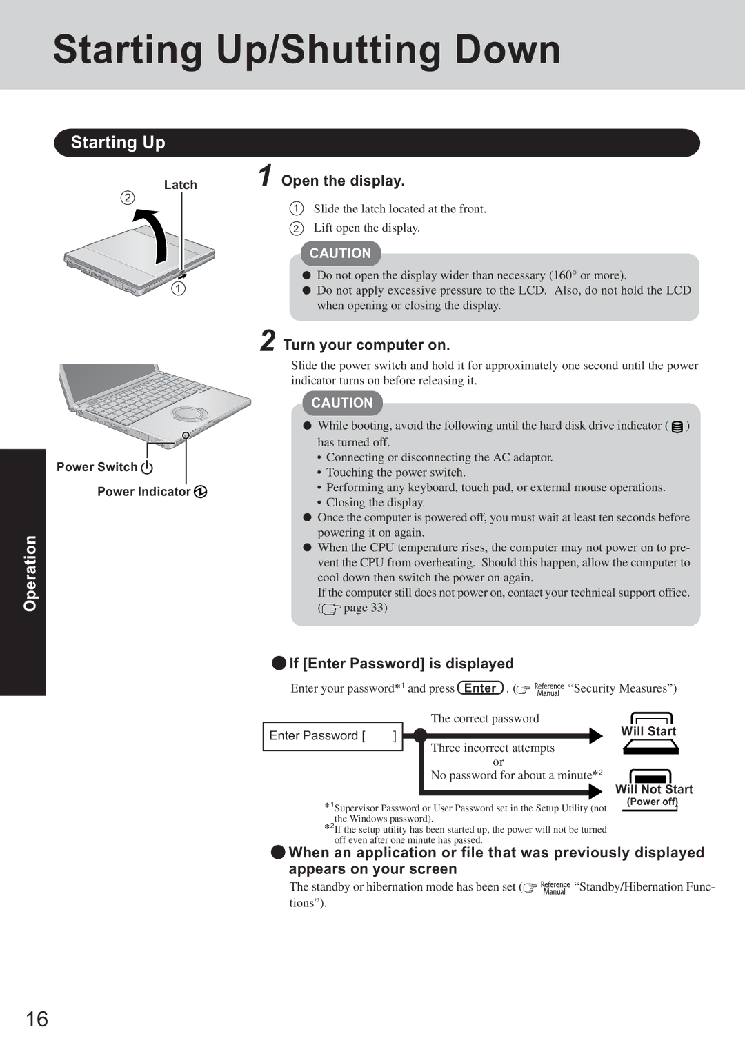 Panasonic CF-T2 appendix Starting Up/Shutting Down, If Enter Password is displayed, Will Start Will Not Start 