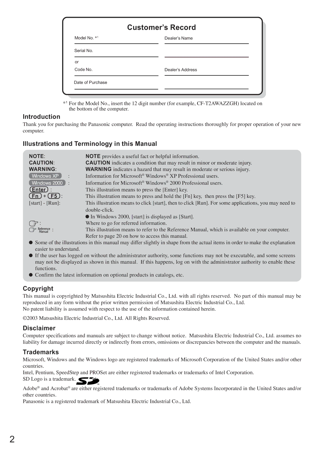 Panasonic CF-T2 appendix Customer’s Record, Introduction, Illustrations and Terminology in this Manual 