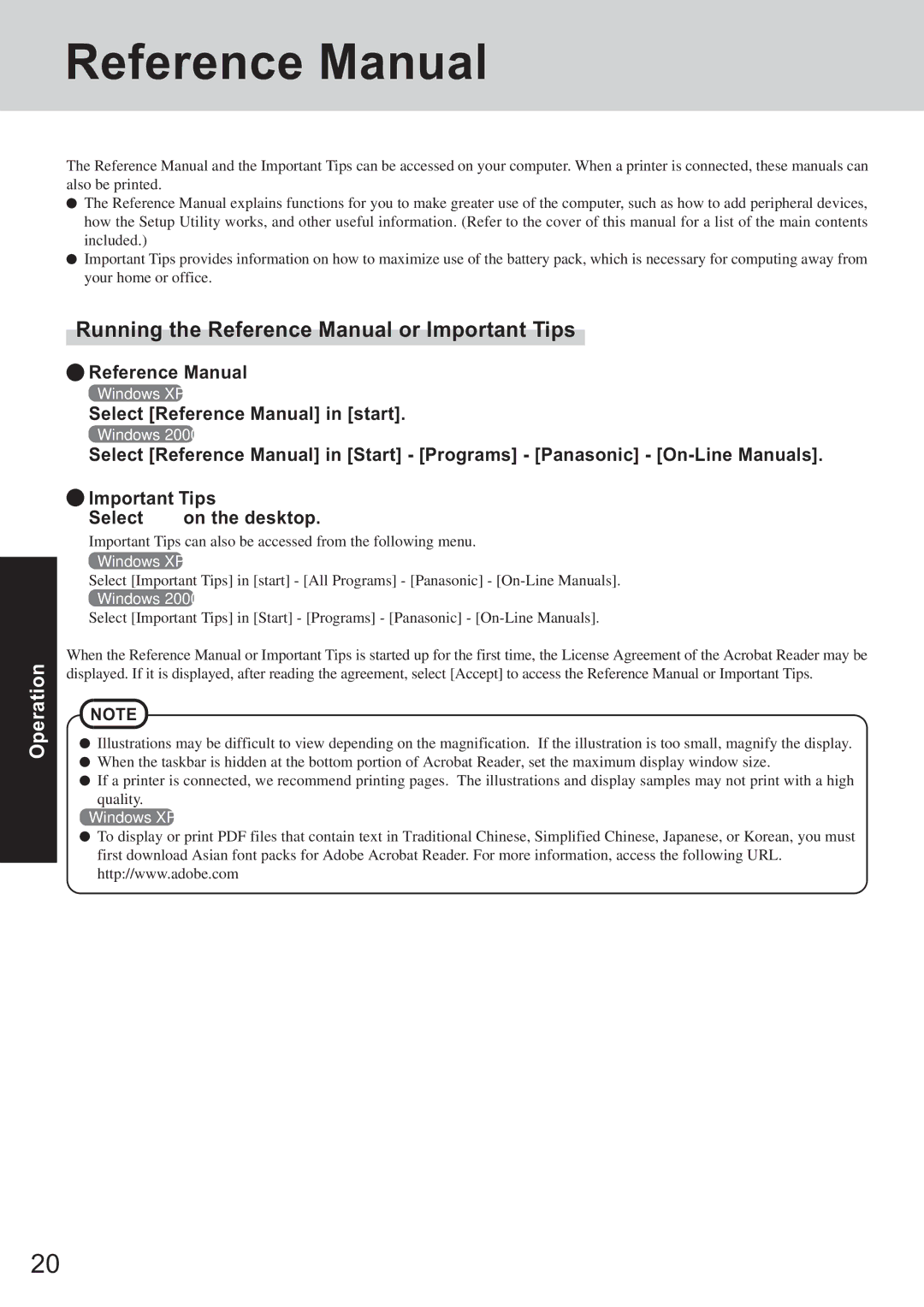 Panasonic CF-T2 appendix Running the Reference Manual or Important Tips, Select Reference Manual in start 