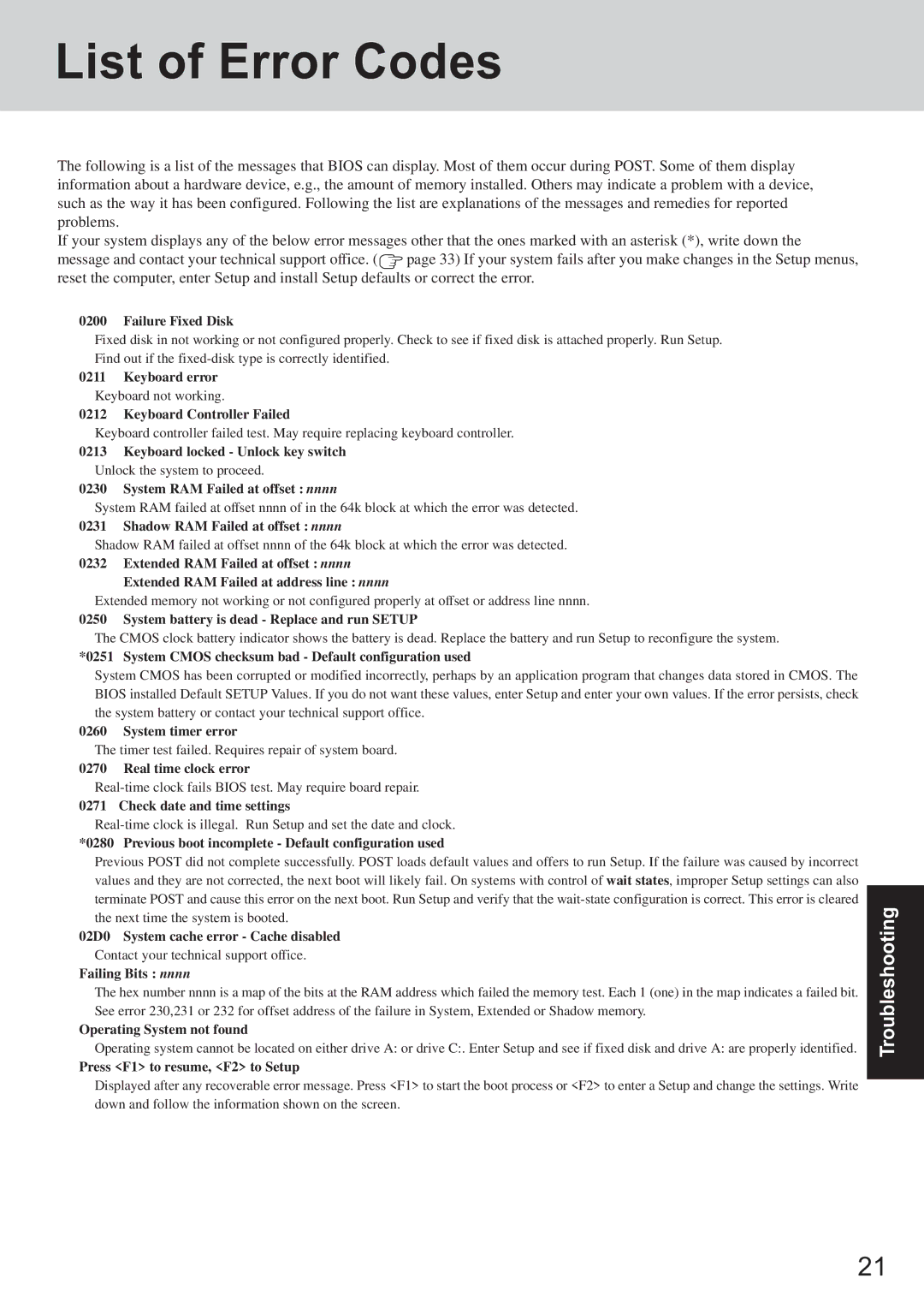 Panasonic CF-T2 appendix List of Error Codes, Failure Fixed Disk 