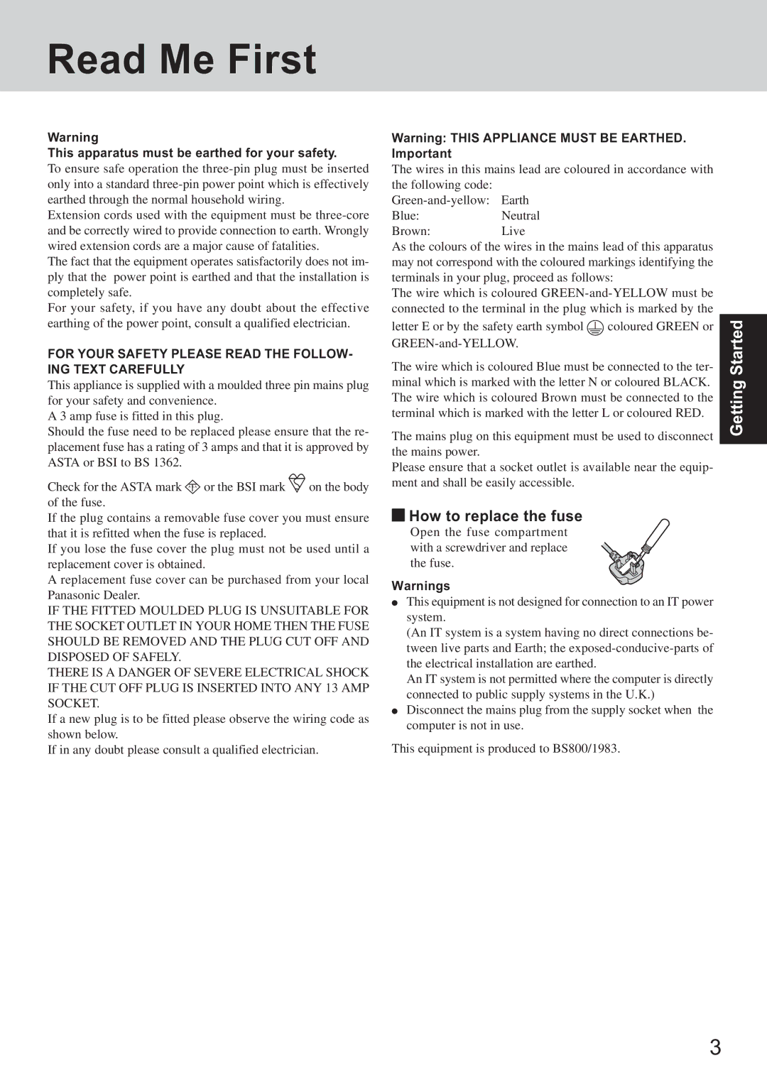 Panasonic CF-T2 appendix Read Me First, How to replace the fuse, This apparatus must be earthed for your safety 