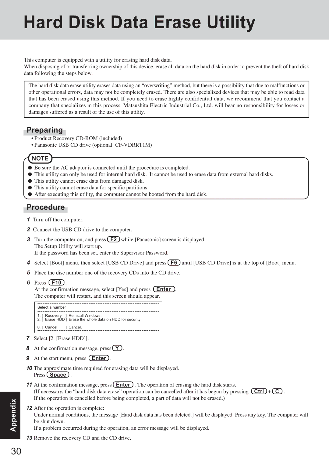 Panasonic CF-T2 appendix Hard Disk Data Erase Utility, Preparing, Procedure 