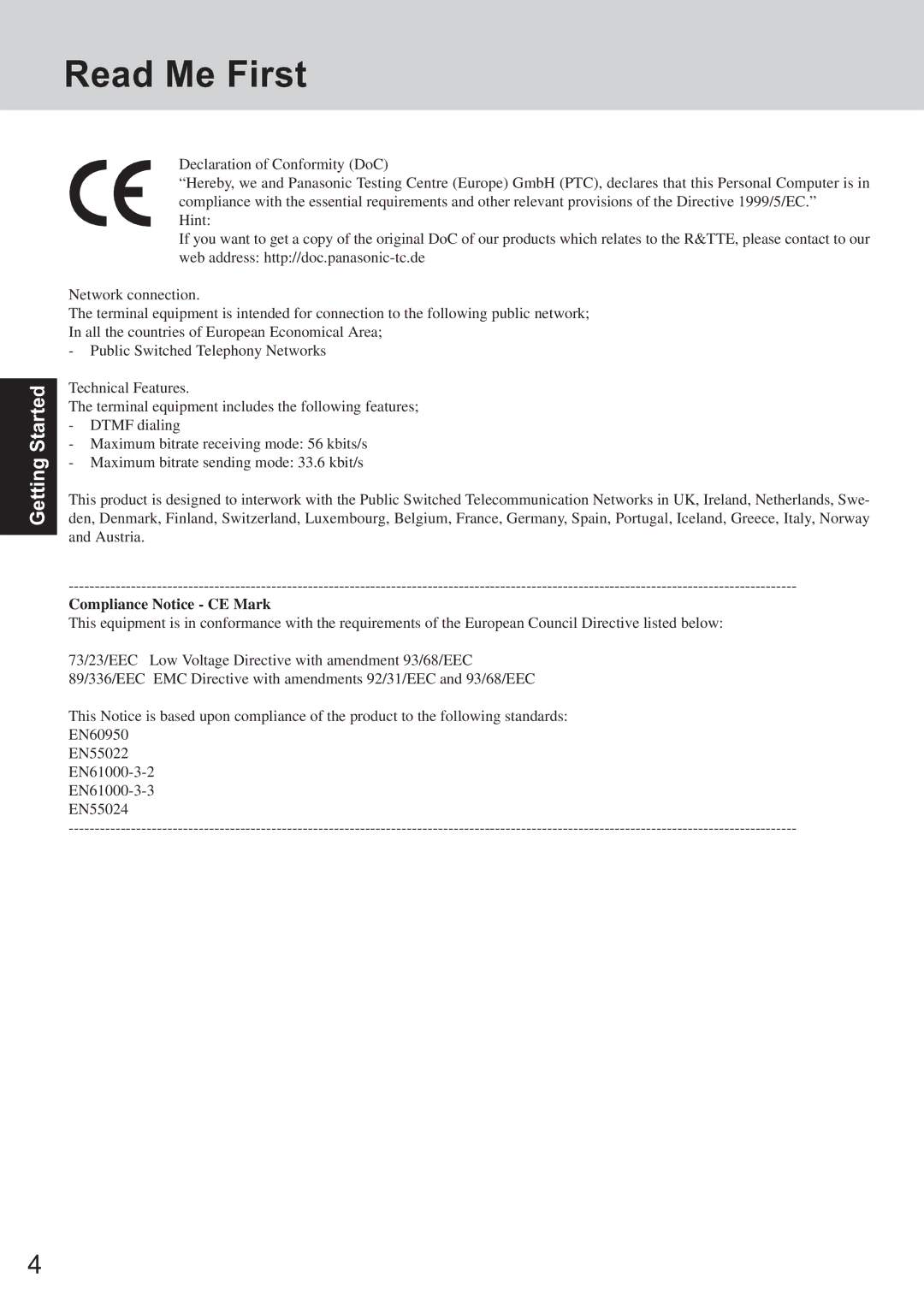 Panasonic CF-T2 appendix Read Me First, Compliance Notice CE Mark 