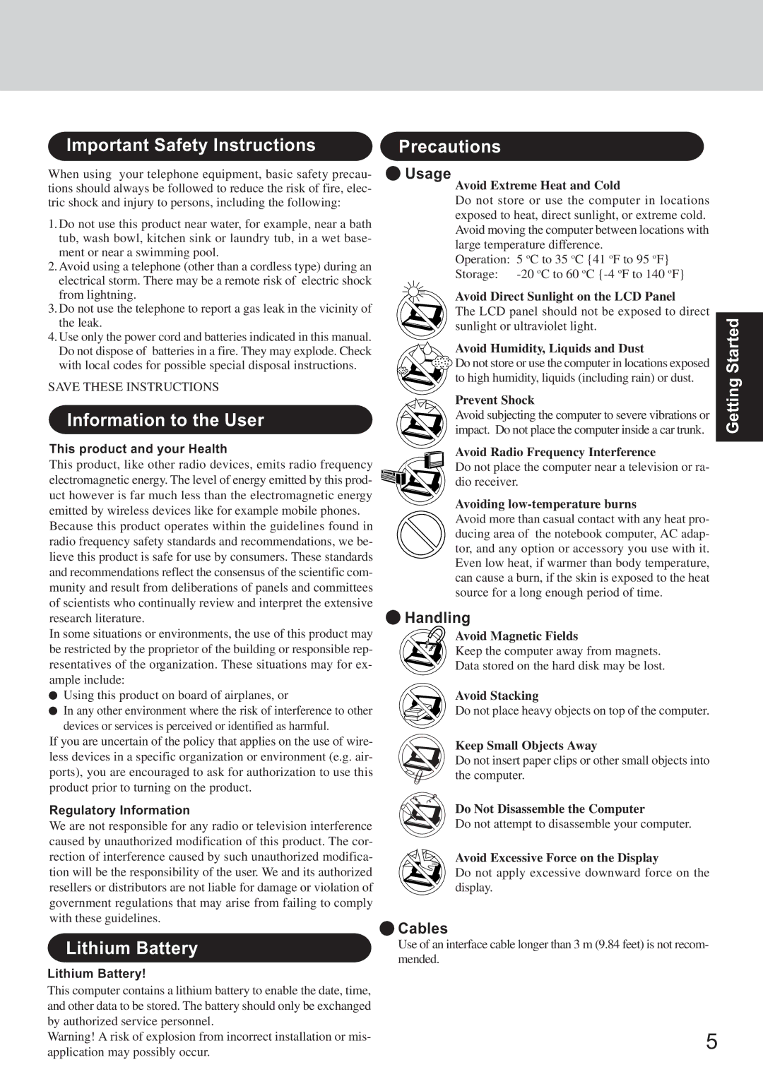 Panasonic CF-T2 appendix Important Safety Instructions, Information to the User, Precautions, Lithium Battery 