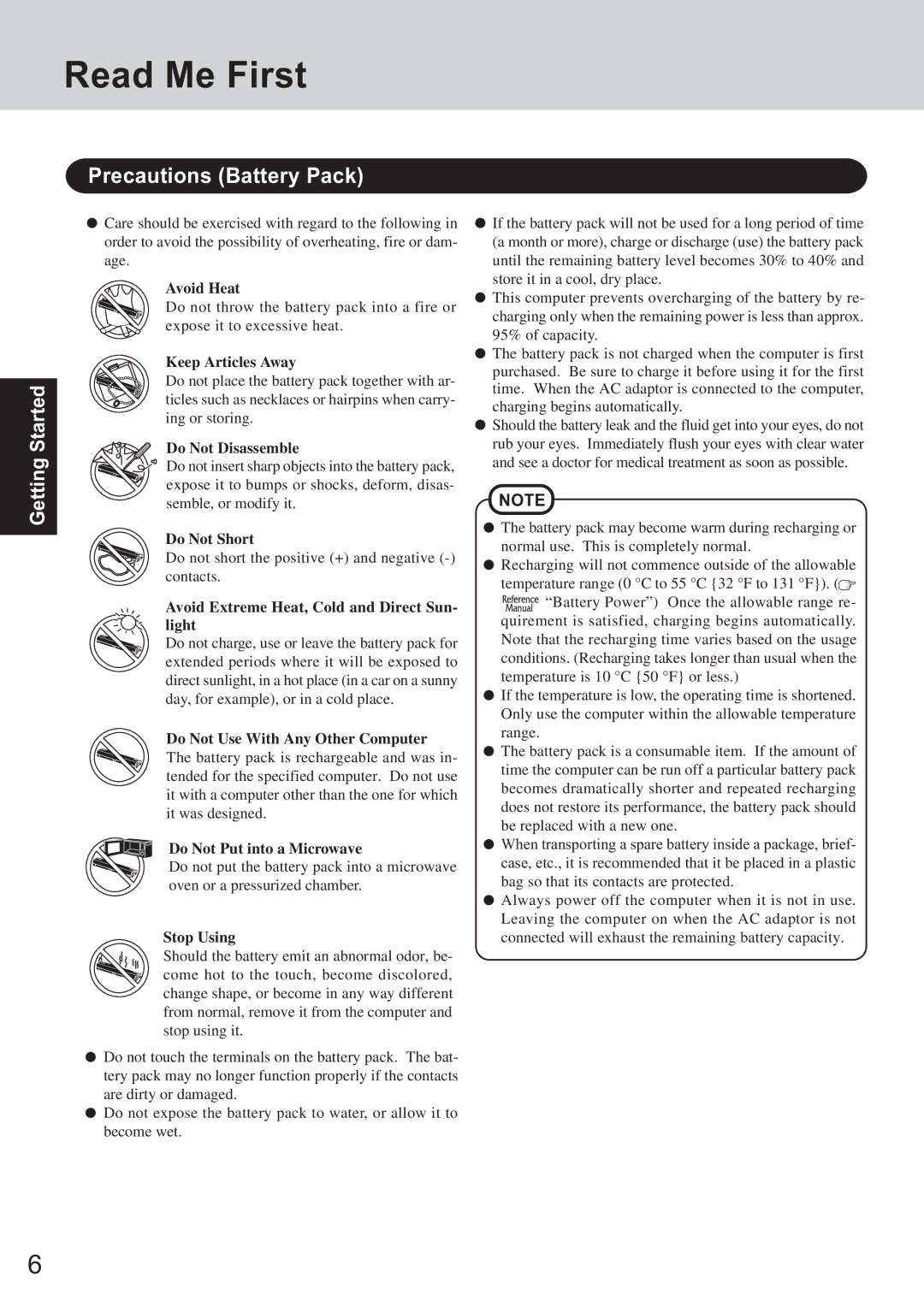 Panasonic CF-T2 appendix Precautions Battery Pack 