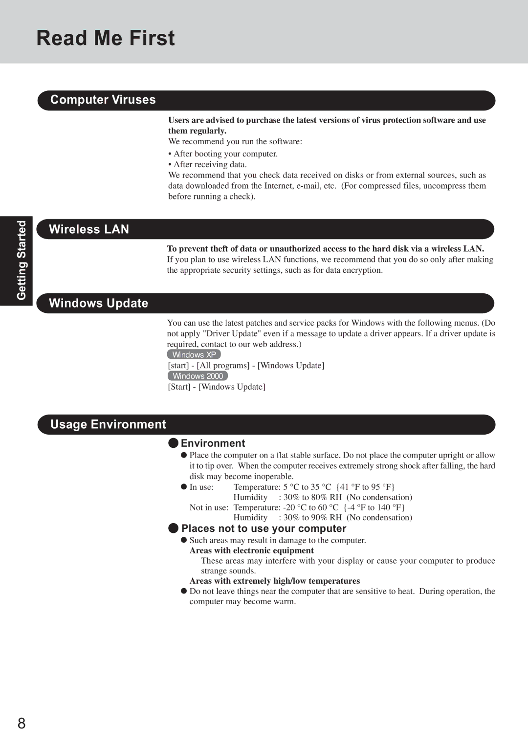 Panasonic CF-T2 appendix Computer Viruses, Wireless LAN, Windows Update, Usage Environment 