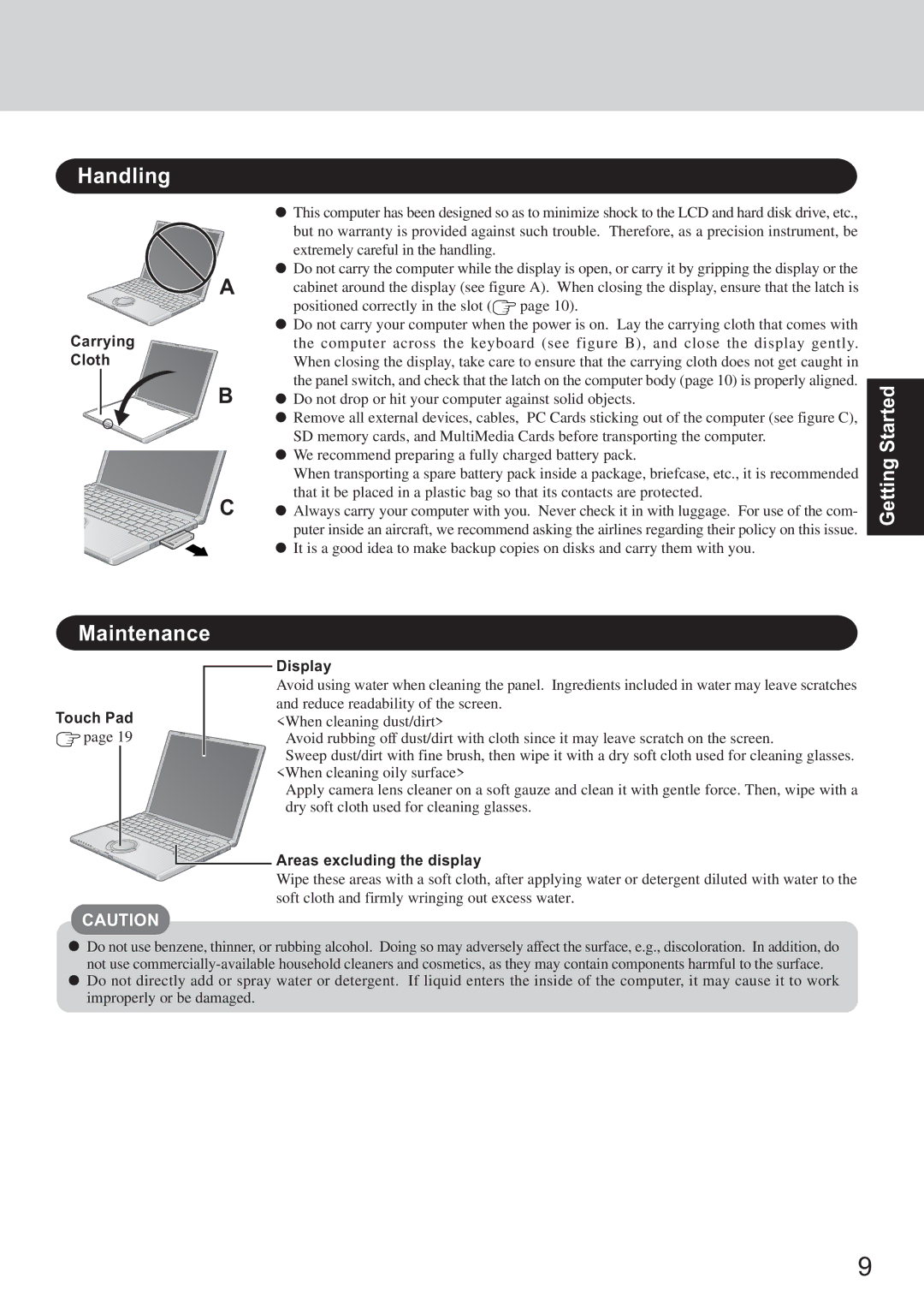 Panasonic CF-T2 appendix Handling, Maintenance, Carrying Cloth, Touch Pad Display, Areas excluding the display 