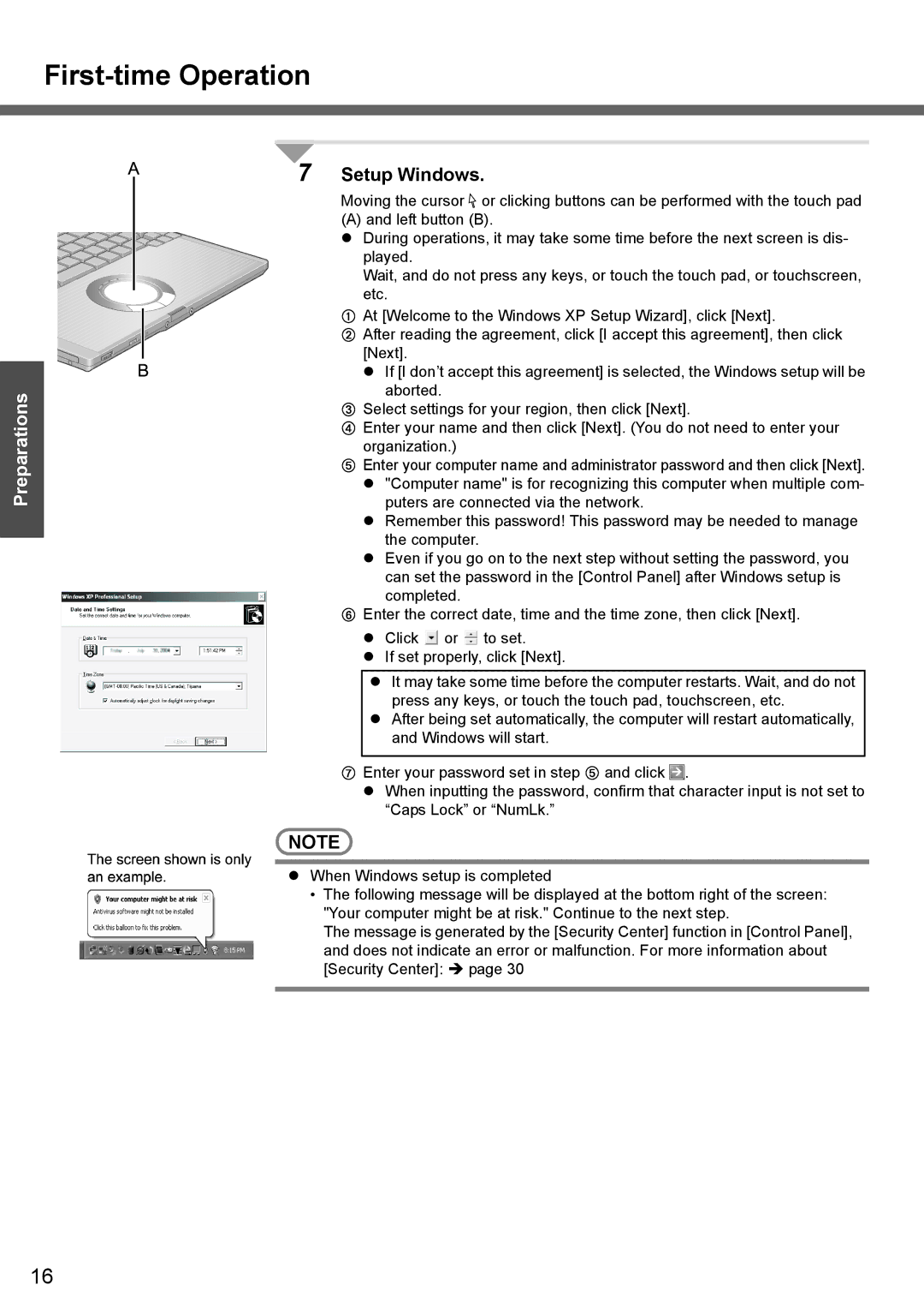 Panasonic CF-T4 operating instructions First-time Operation, Setup Windows 