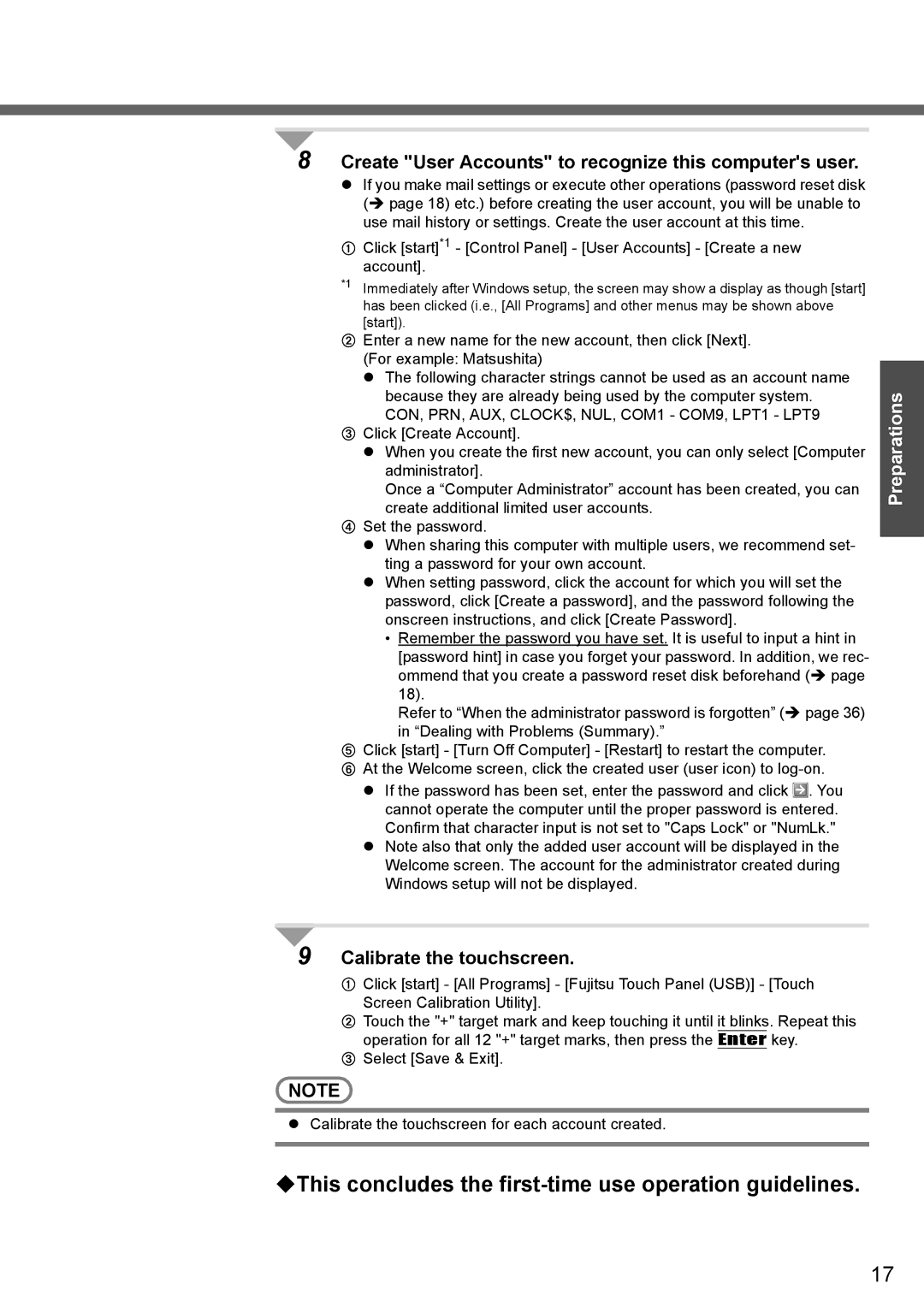 Panasonic CF-T4 operating instructions ‹This concludes the first-time use operation guidelines, Calibrate the touchscreen 