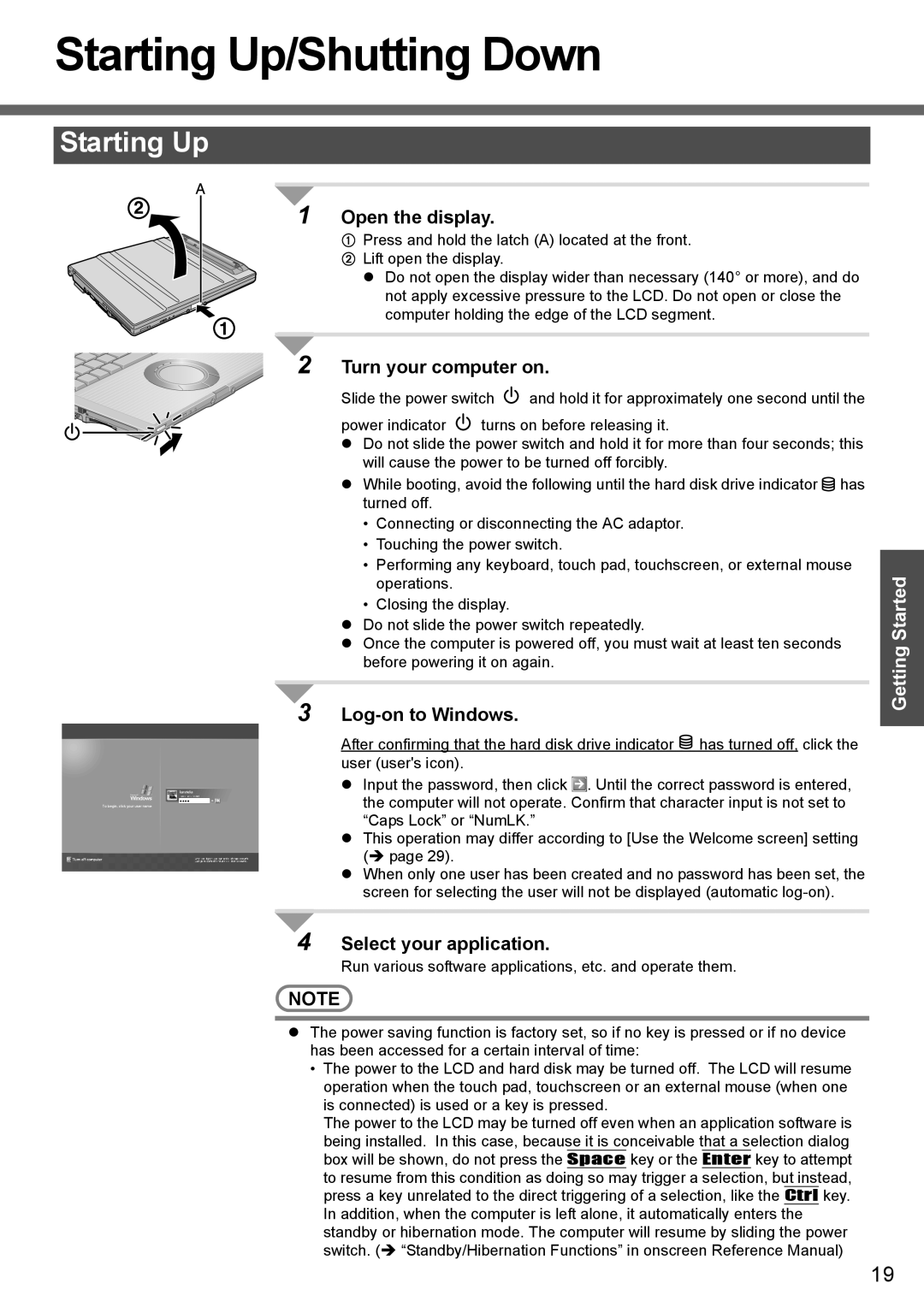 Panasonic CF-T4 operating instructions Starting Up/Shutting Down, Log-on to Windows, Select your application 