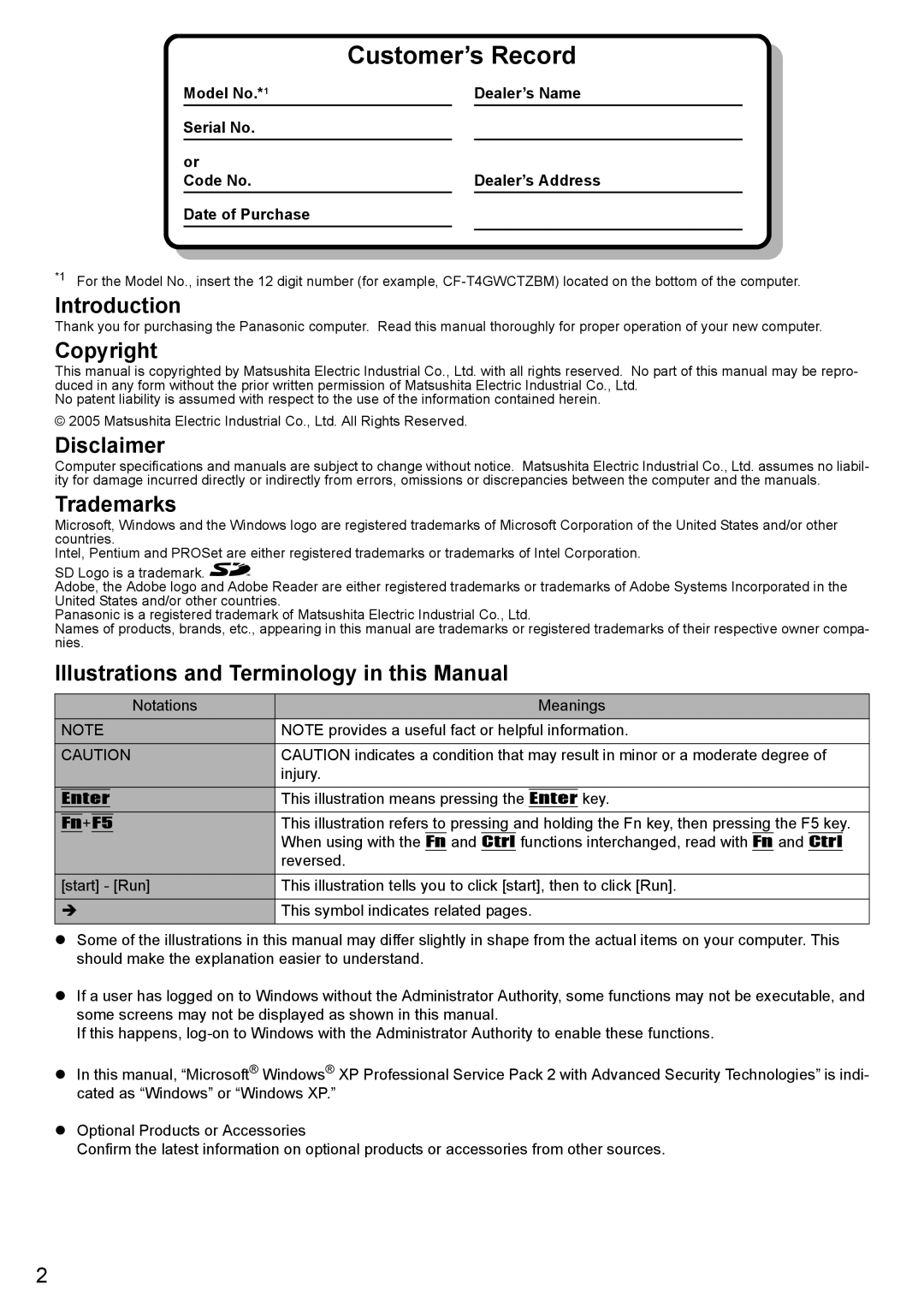 Panasonic CF-T4 Introduction, Copyright Disclaimer Trademarks, Illustrations and Terminology in this Manual 