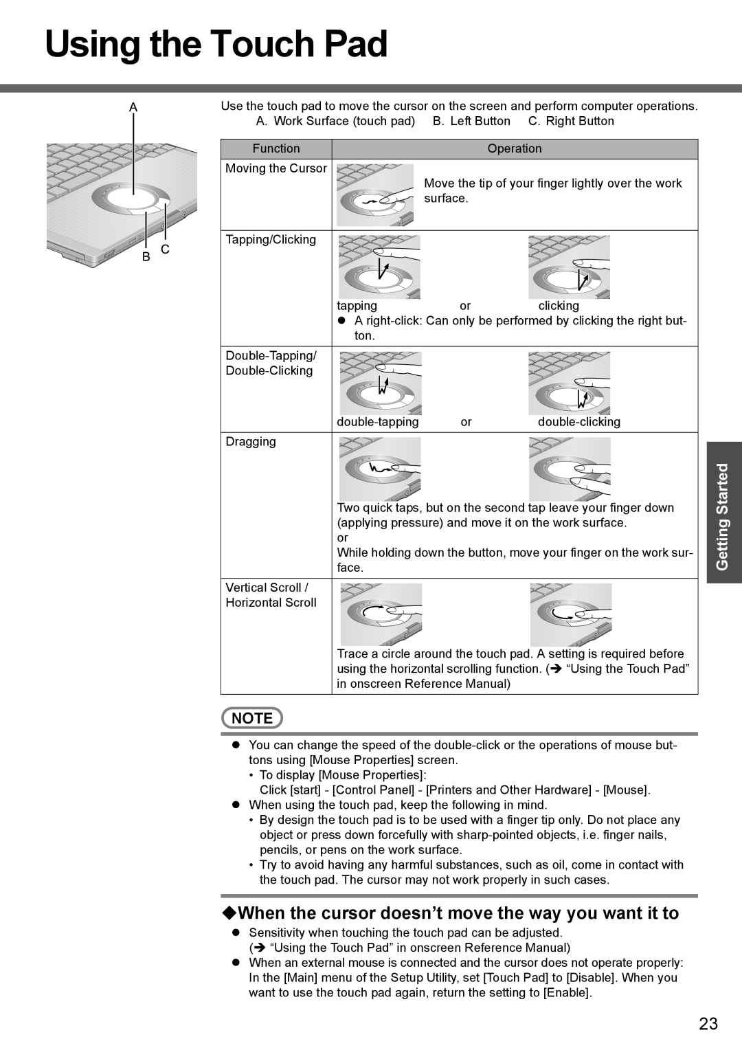 Panasonic CF-T4 operating instructions Using the Touch Pad, ‹When the cursor doesn’t move the way you want it to 