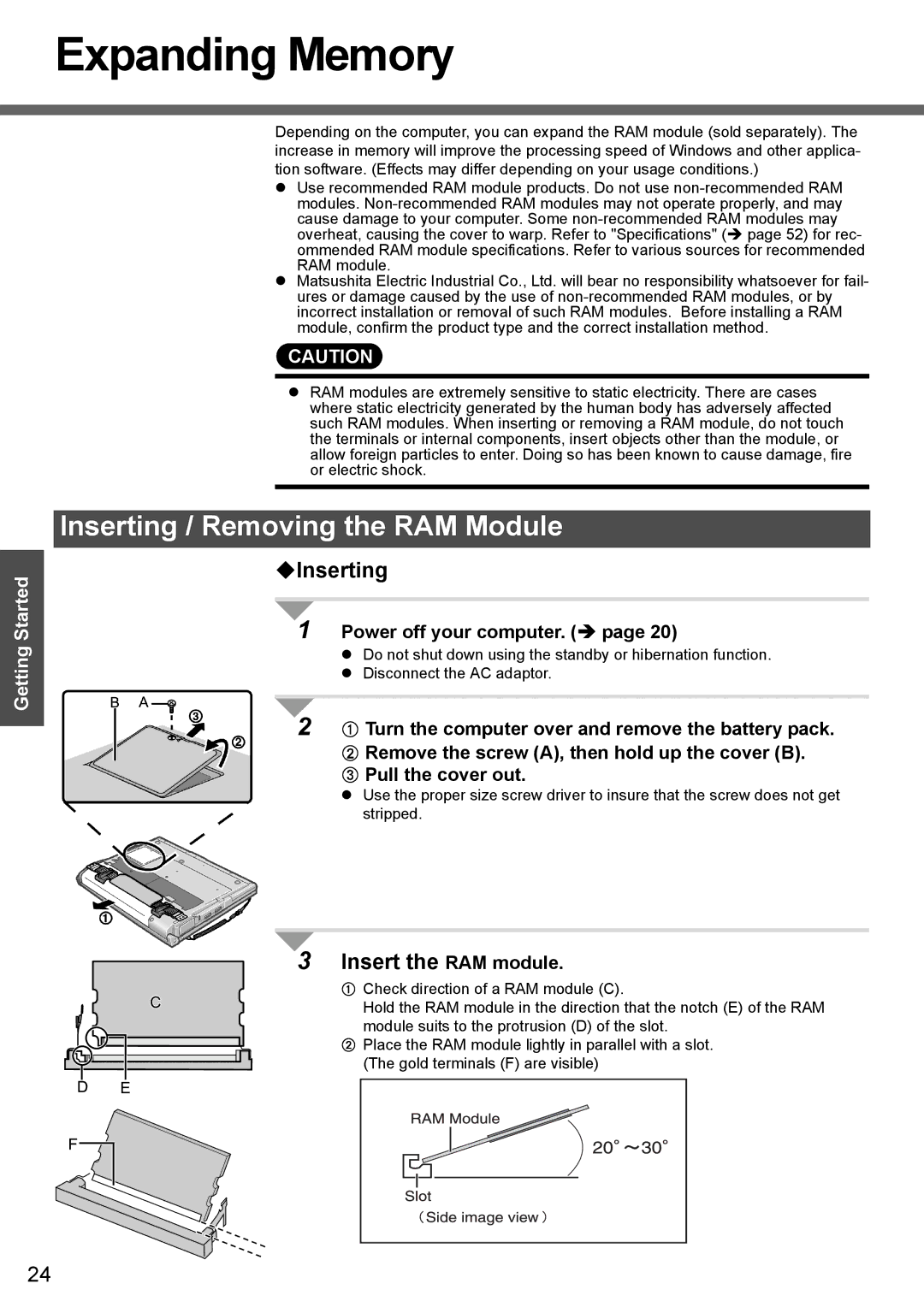 Panasonic CF-T4 Expanding Memory, Inserting / Removing the RAM Module, ‹Inserting, Insert the RAM module 