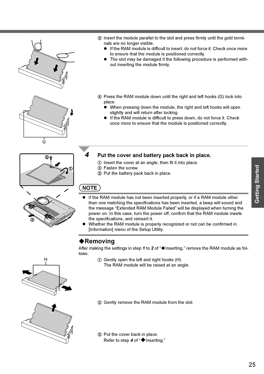 Panasonic CF-T4 operating instructions ‹Removing, Put the cover and battery pack back in place 