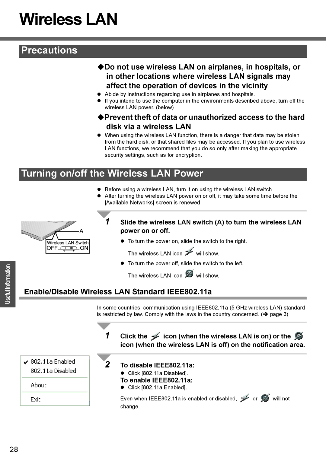 Panasonic CF-T4 Turning on/off the Wireless LAN Power, Enable/Disable Wireless LAN Standard IEEE802.11a 