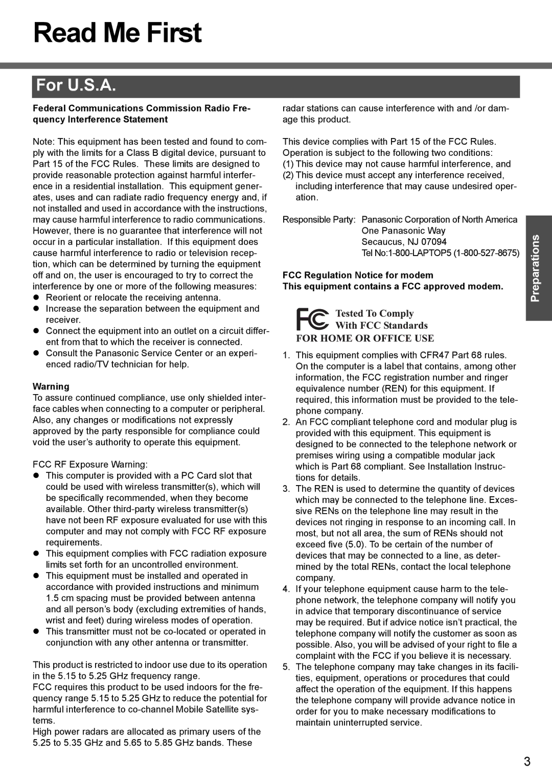 Panasonic CF-T4 operating instructions Read Me First, For U.S.A 