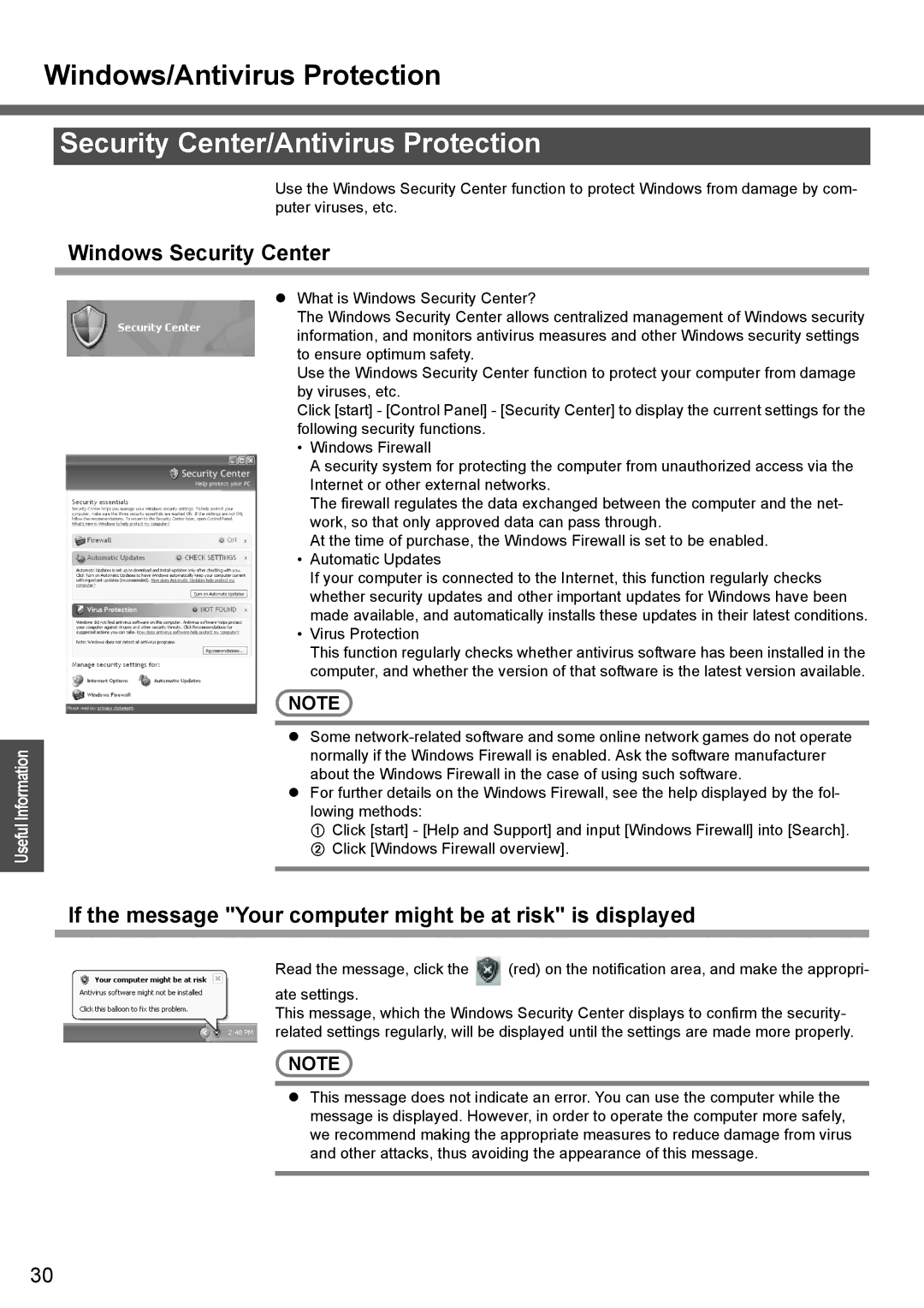 Panasonic CF-T4 operating instructions Security Center/Antivirus Protection, Windows Security Center 