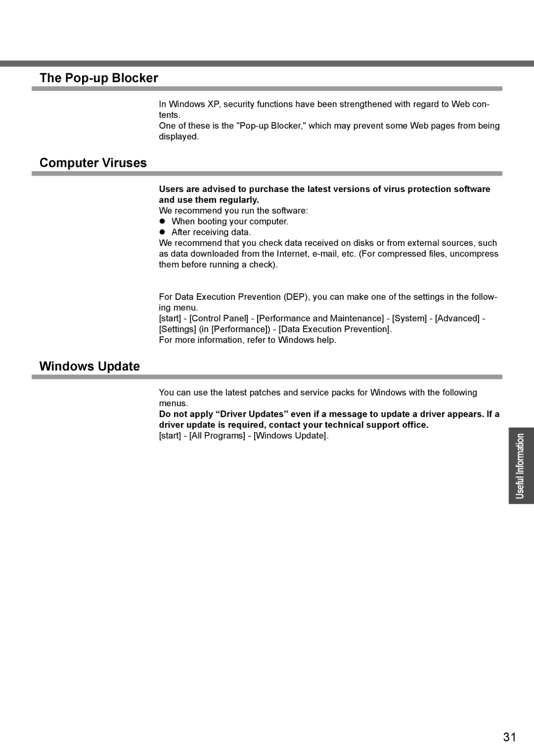 Panasonic CF-T4 operating instructions Pop-up Blocker, Computer Viruses, Windows Update 