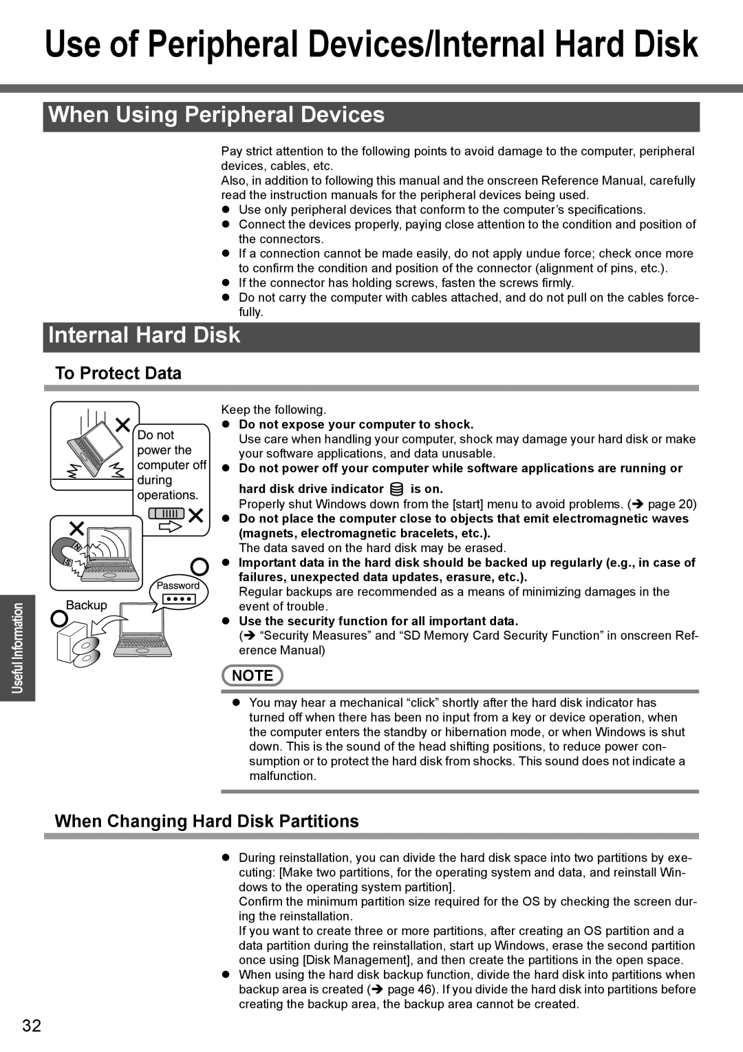 Panasonic CF-T4 When Using Peripheral Devices, Internal Hard Disk, To Protect Data, When Changing Hard Disk Partitions 