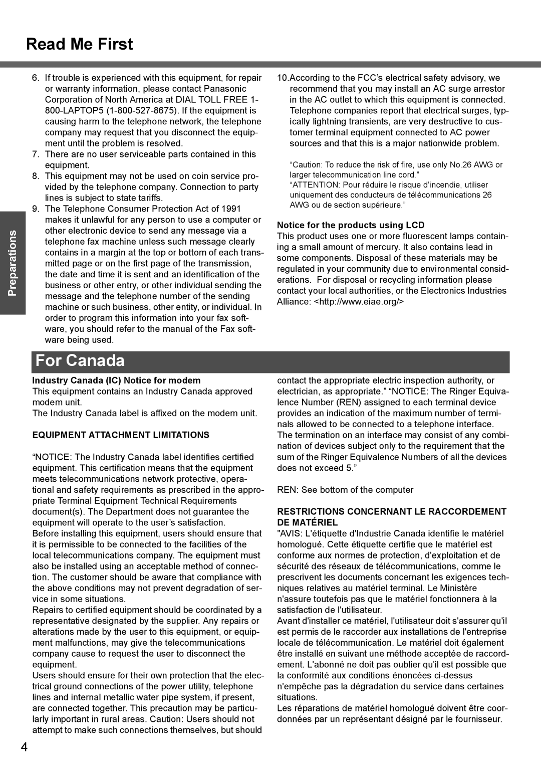 Panasonic CF-T4 operating instructions For Canada, Industry Canada IC Notice for modem 