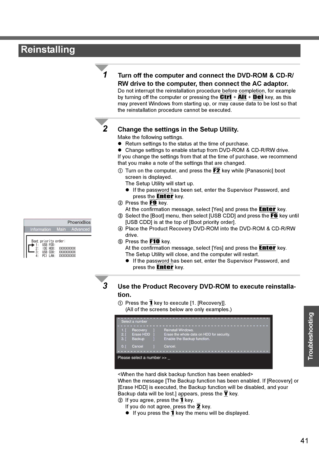 Panasonic CF-T4 operating instructions Reinstalling, Change the settings in the Setup Utility 