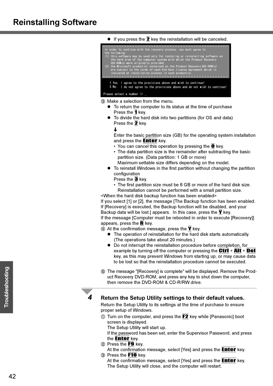 Panasonic CF-T4 operating instructions Reinstalling Software, Return the Setup Utility settings to their default values 