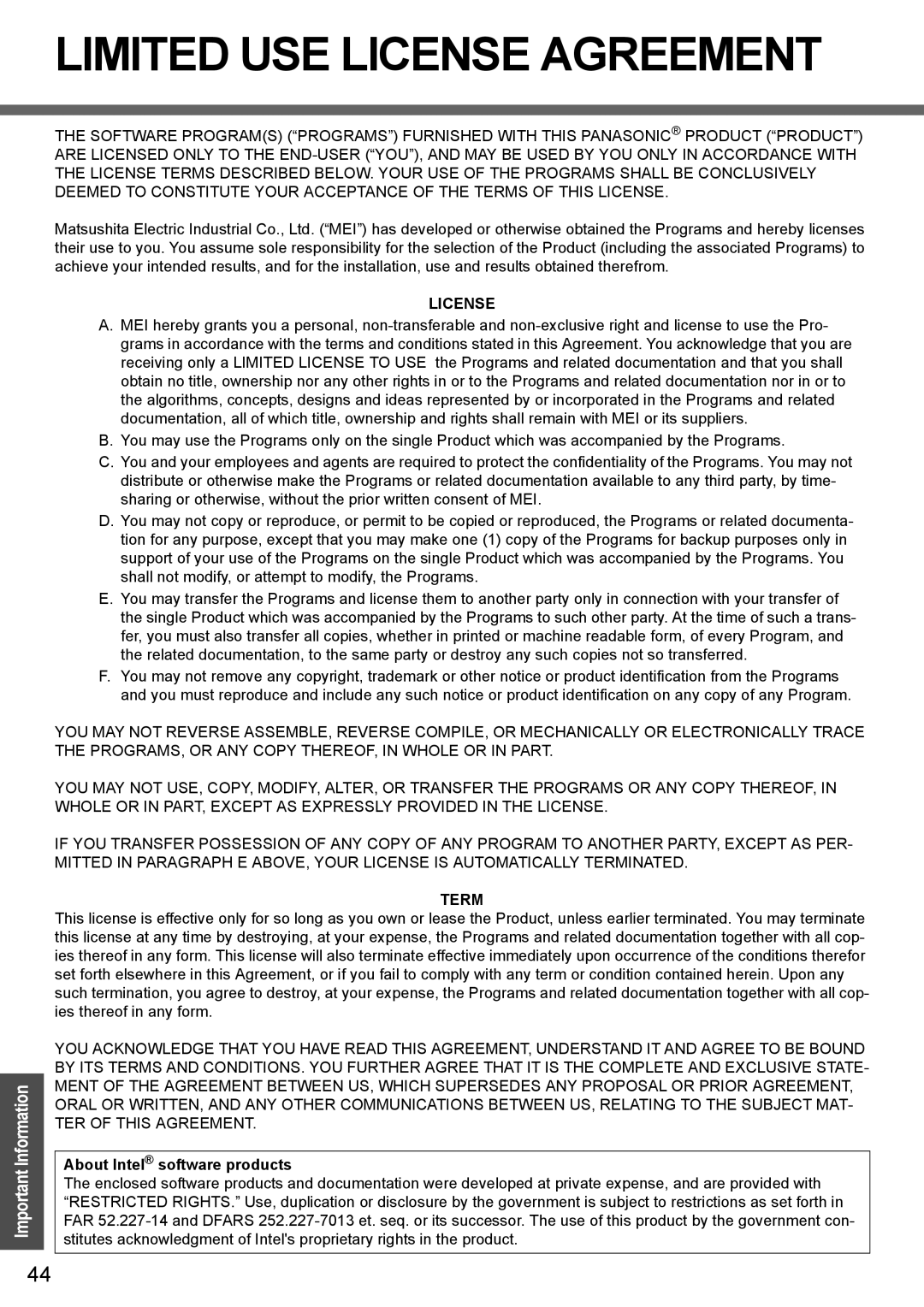 Panasonic CF-T4 operating instructions Limited USE License Agreement, About Intel software products 