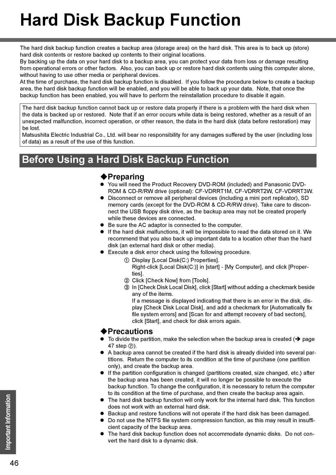 Panasonic CF-T4 operating instructions Before Using a Hard Disk Backup Function, ‹Precautions 