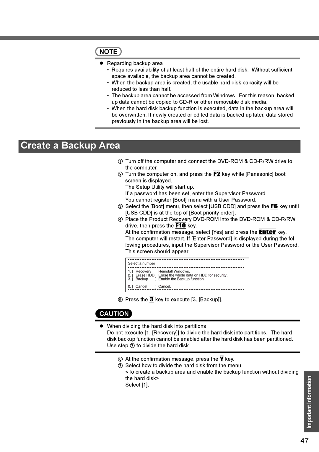 Panasonic CF-T4 operating instructions Create a Backup Area 