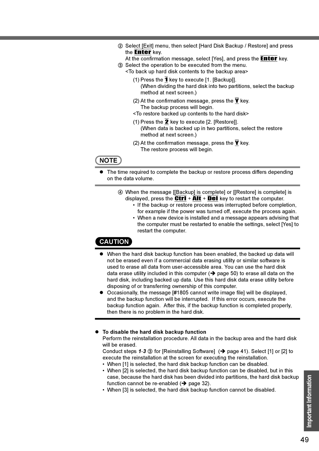 Panasonic CF-T4 operating instructions To disable the hard disk backup function 