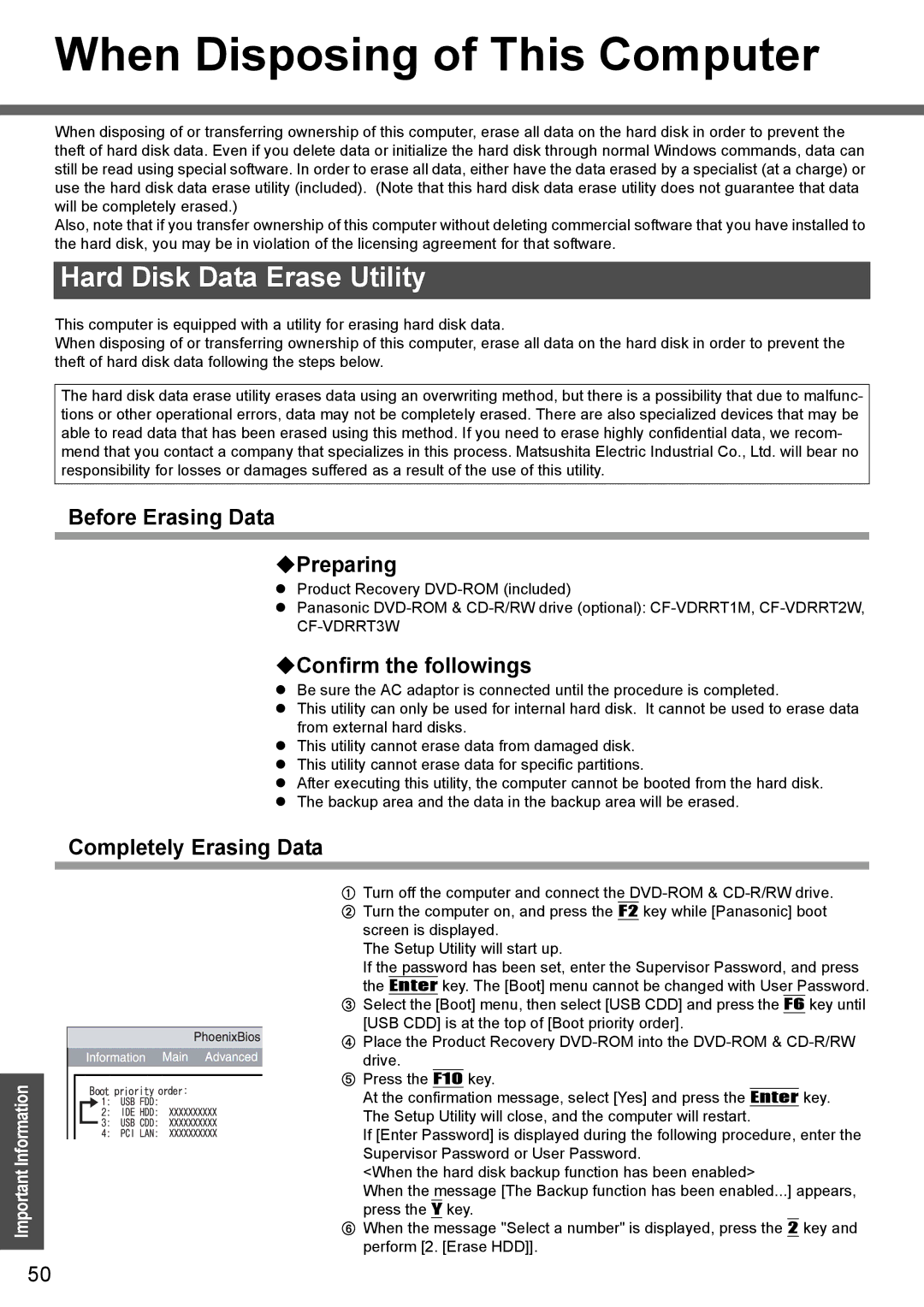 Panasonic CF-T4 When Disposing of This Computer, Hard Disk Data Erase Utility, Before Erasing Data ‹Preparing 
