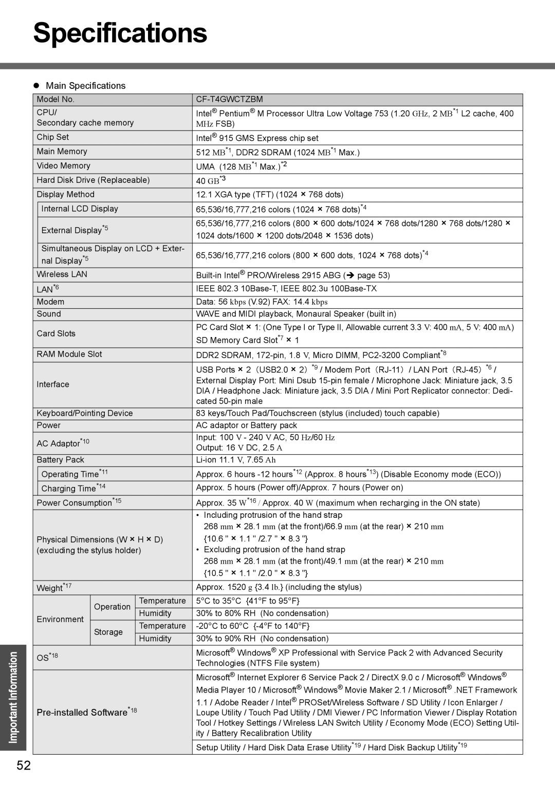 Panasonic CF-T4 operating instructions Main Specifications 